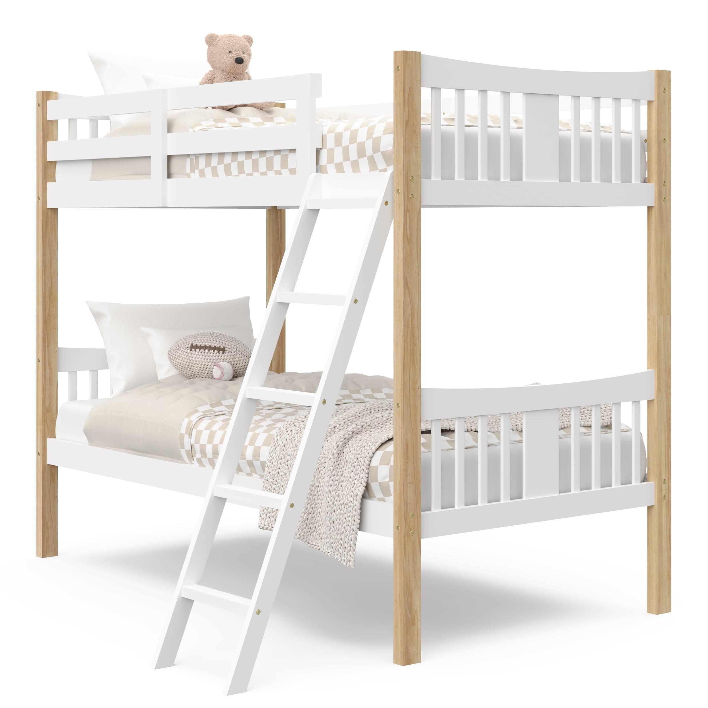 White and Natural Twin Bunk Bed with Wood Frame and Drawer