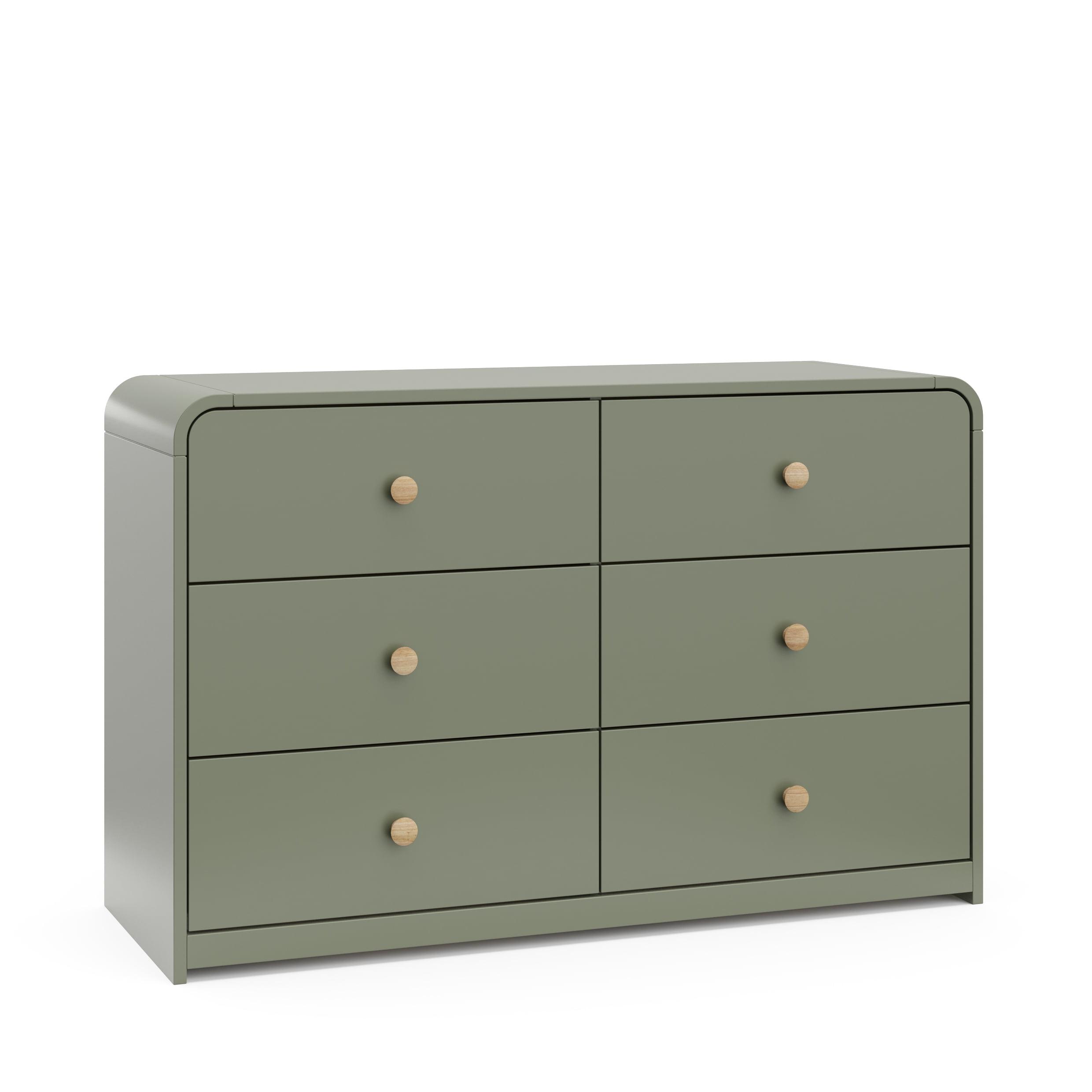 Olive Green 6-Drawer Nursery Dresser with Natural Rubberwood Knobs