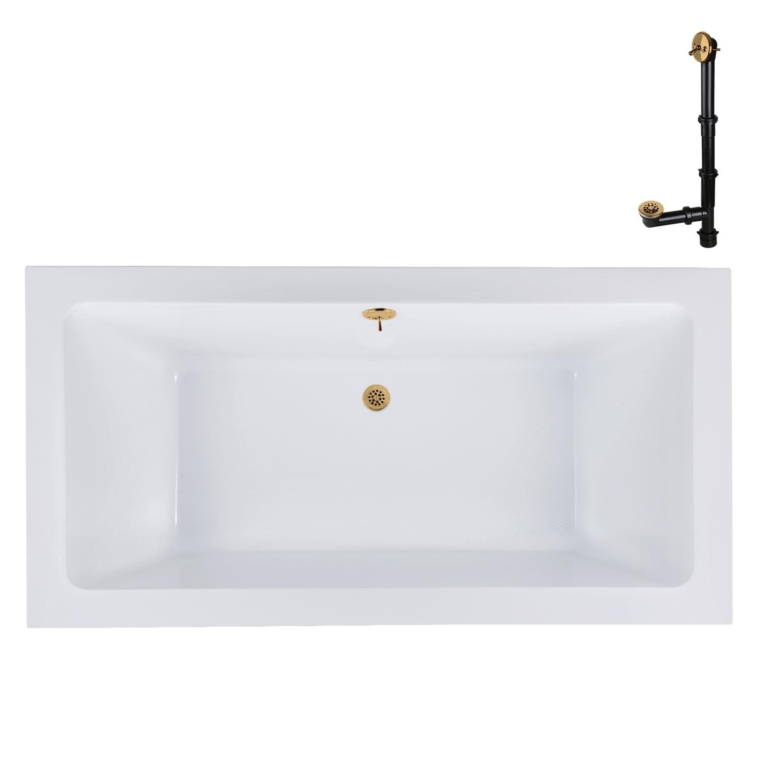 60" x 32" Glossy White Acrylic Soaking Drop-In Bathtub with Brushed Gold Drain