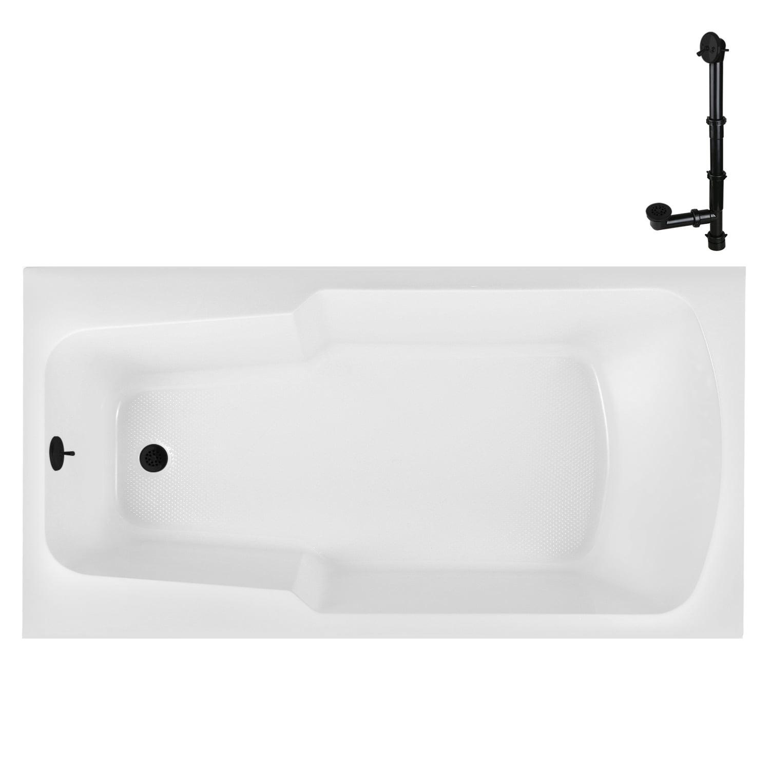 60'' Glossy White Acrylic Drop-In Soaking Bathtub with Matte Black Drain