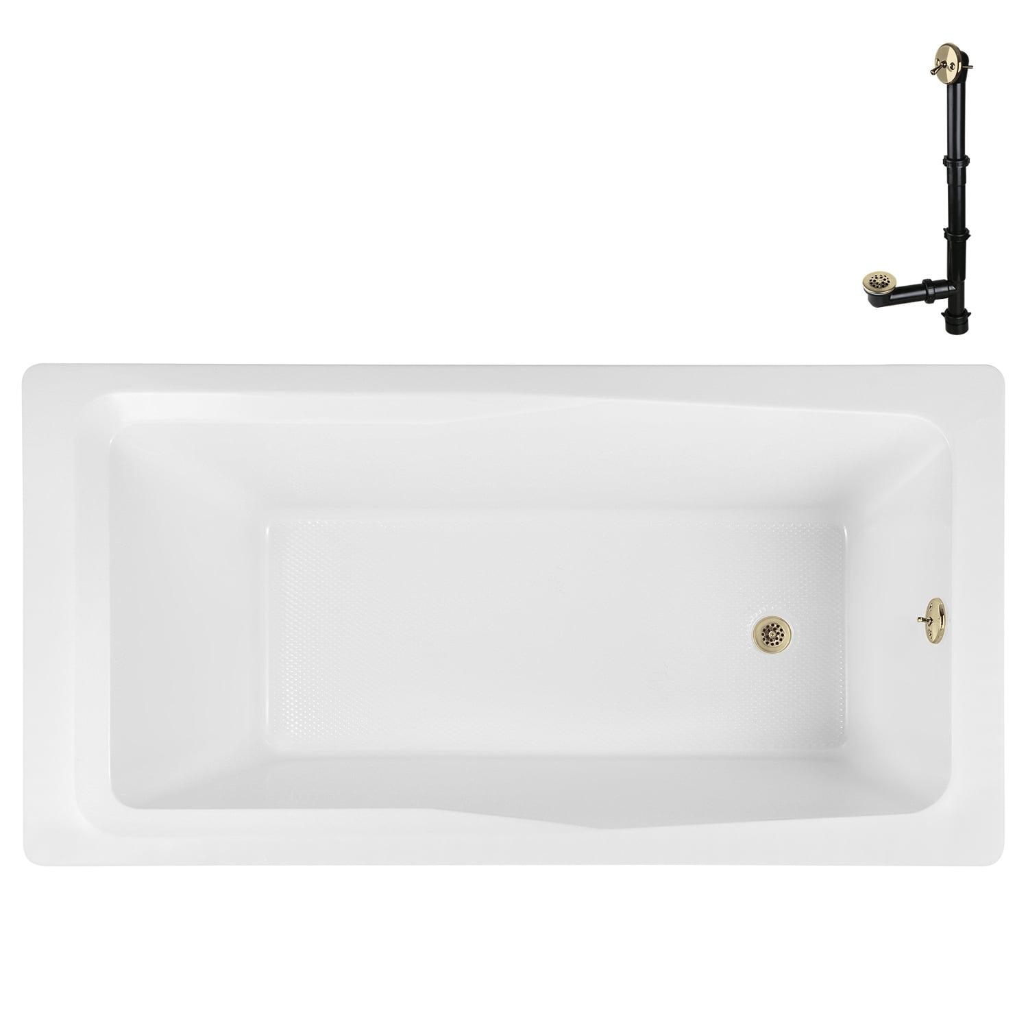 60'' x 32'' Glossy White Acrylic Soaking Drop-In Bathtub with Polished Brass Drain