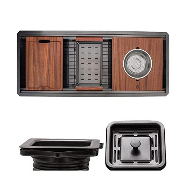 Strictly Sinks 45 Inch Black Workstation Sink - 16 Gauge Stainless Steel Sink, 2-Tier Undermount Kitchen Sink with Accessories