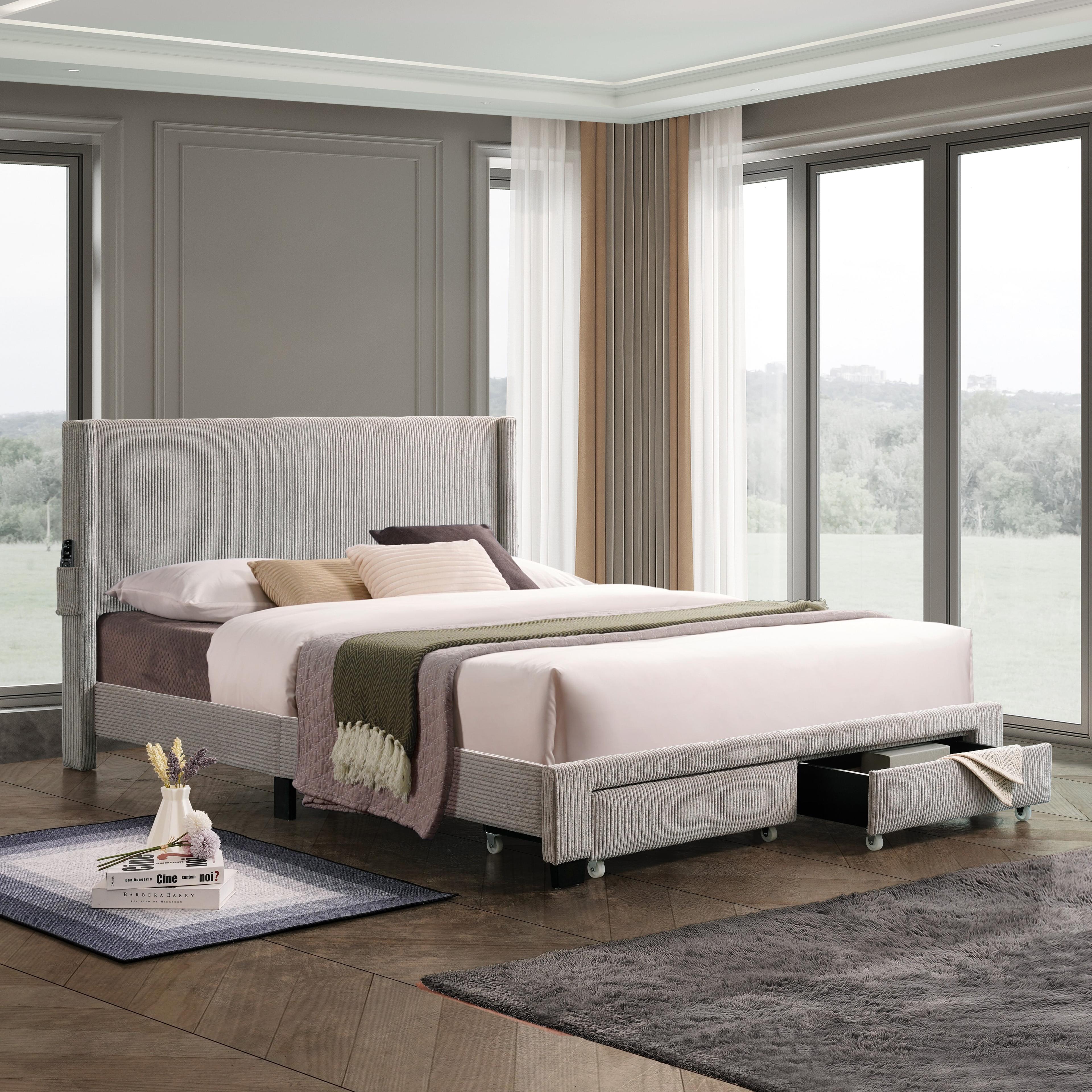 Queen Size Upholstered Bed, Upholstered Platform Bed Frame with Footboard Drawer Storage, Corduroy Velvet Upholstered Wingback Bed, Gray