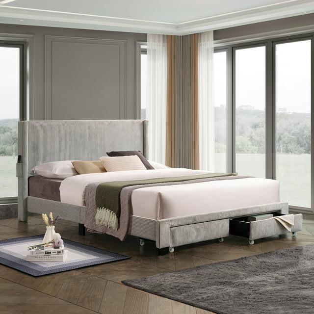 Queen Size Upholstered Bed, Upholstered Platform Bed Frame with Footboard Drawer Storage, Corduroy Velvet Upholstered Wingback Bed, Gray