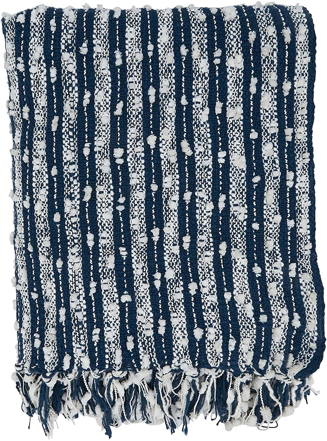 Casual Navy Blue Striped Cotton Fringe Throw Blanket 50" x 60"