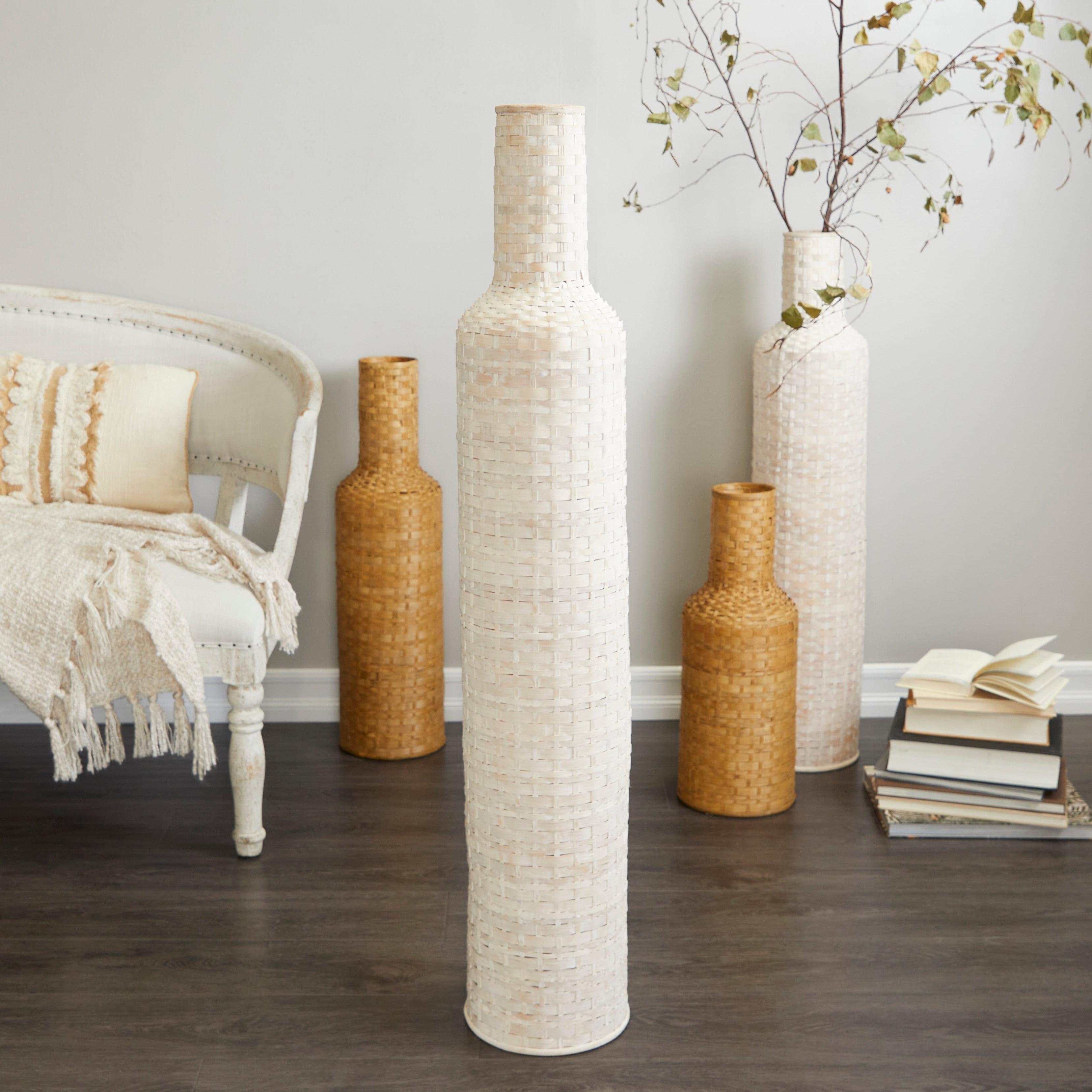 Tall White and Beige Woven Bamboo Floor Vase