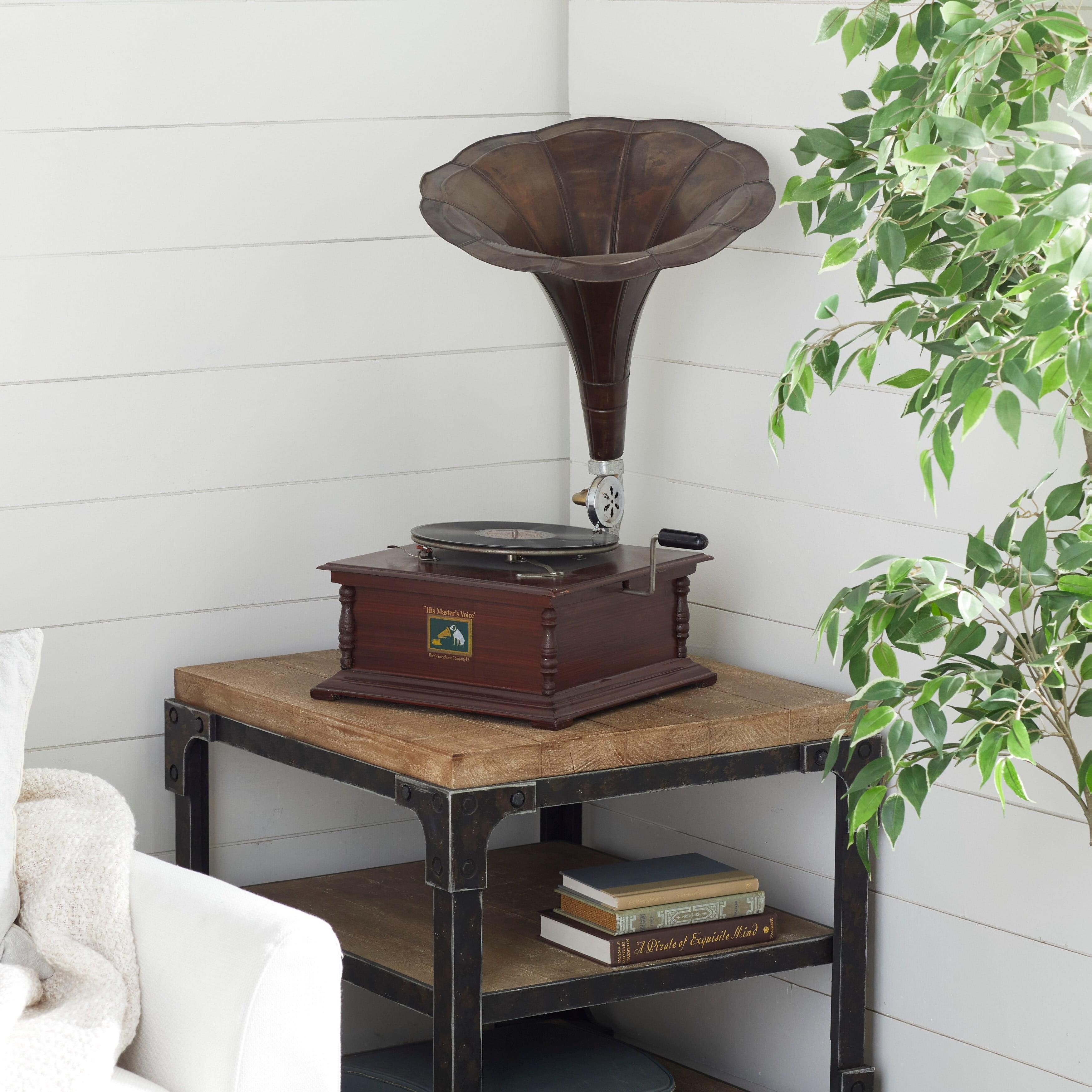 Vintage Brown Wood and Metal Functional Gramophone