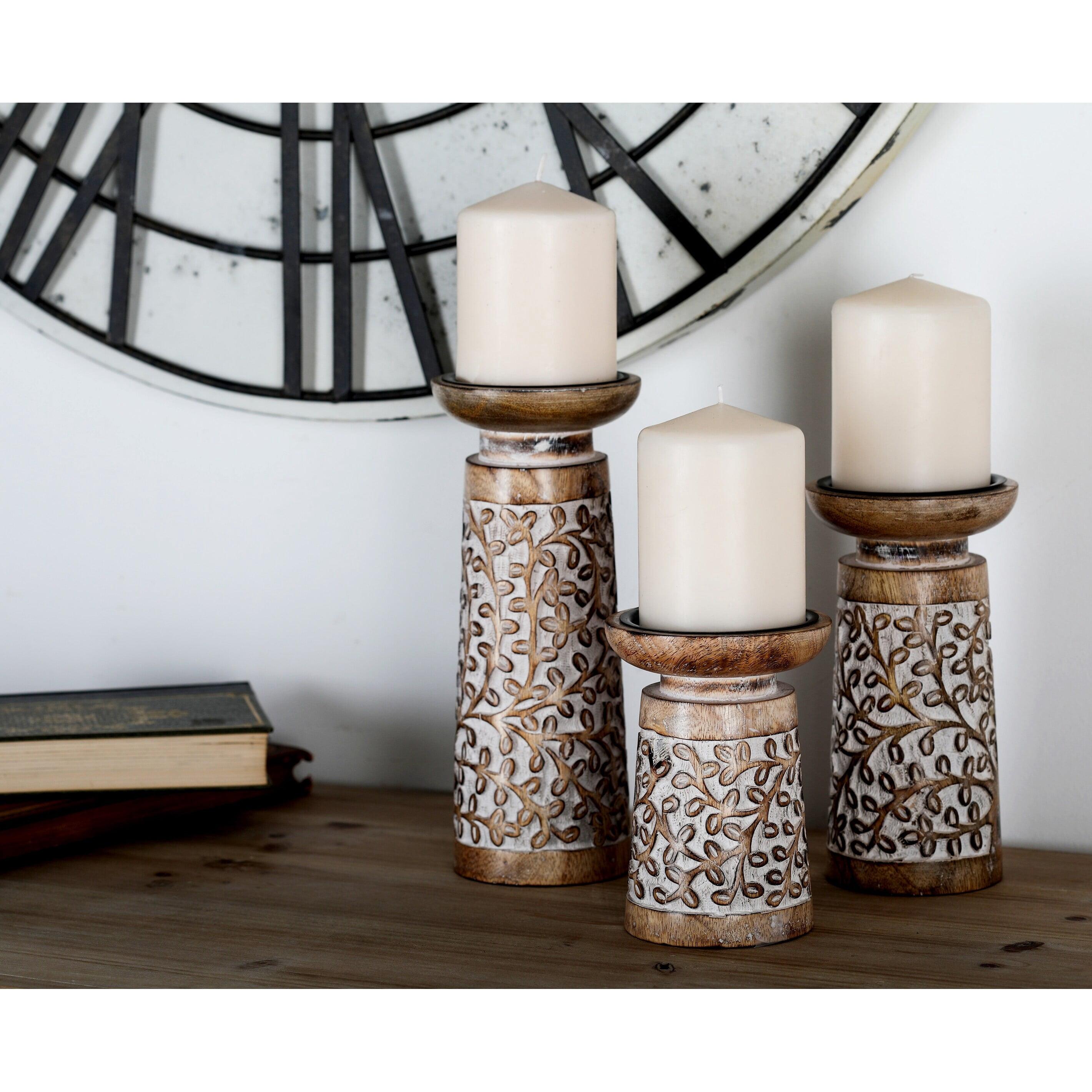 Set of 3 Rustic Cylindrical Mango Wood Candle Holders Off White - Olivia & May: Elegant Tabletop Decor