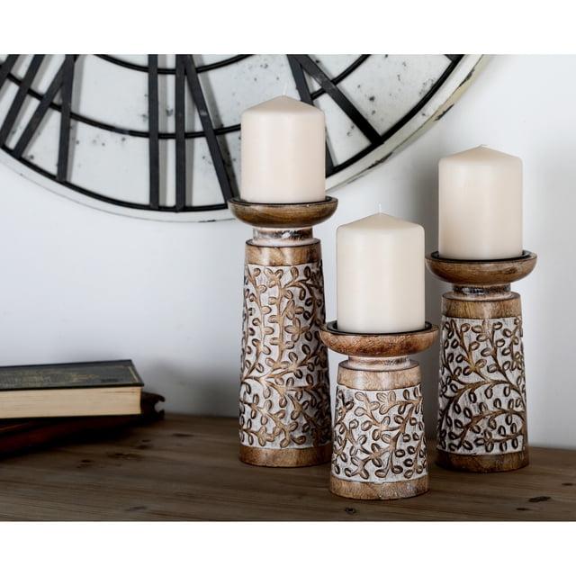 Set of 3 Rustic Cylindrical Mango Wood Candle Holders Off White - Olivia & May: Elegant Tabletop Decor