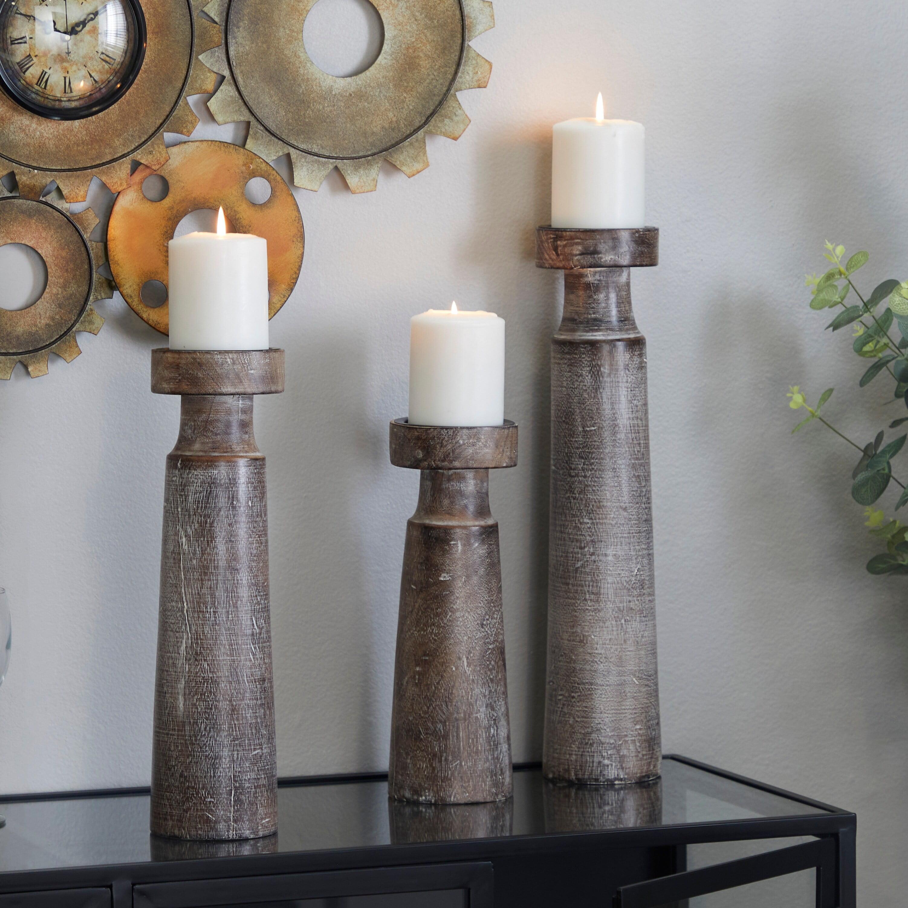 Olivia & May Set of 3 Rustic Cylindrical Mango Wood Candle Holders Brown: Modern Decor, Fits Pillar Candles