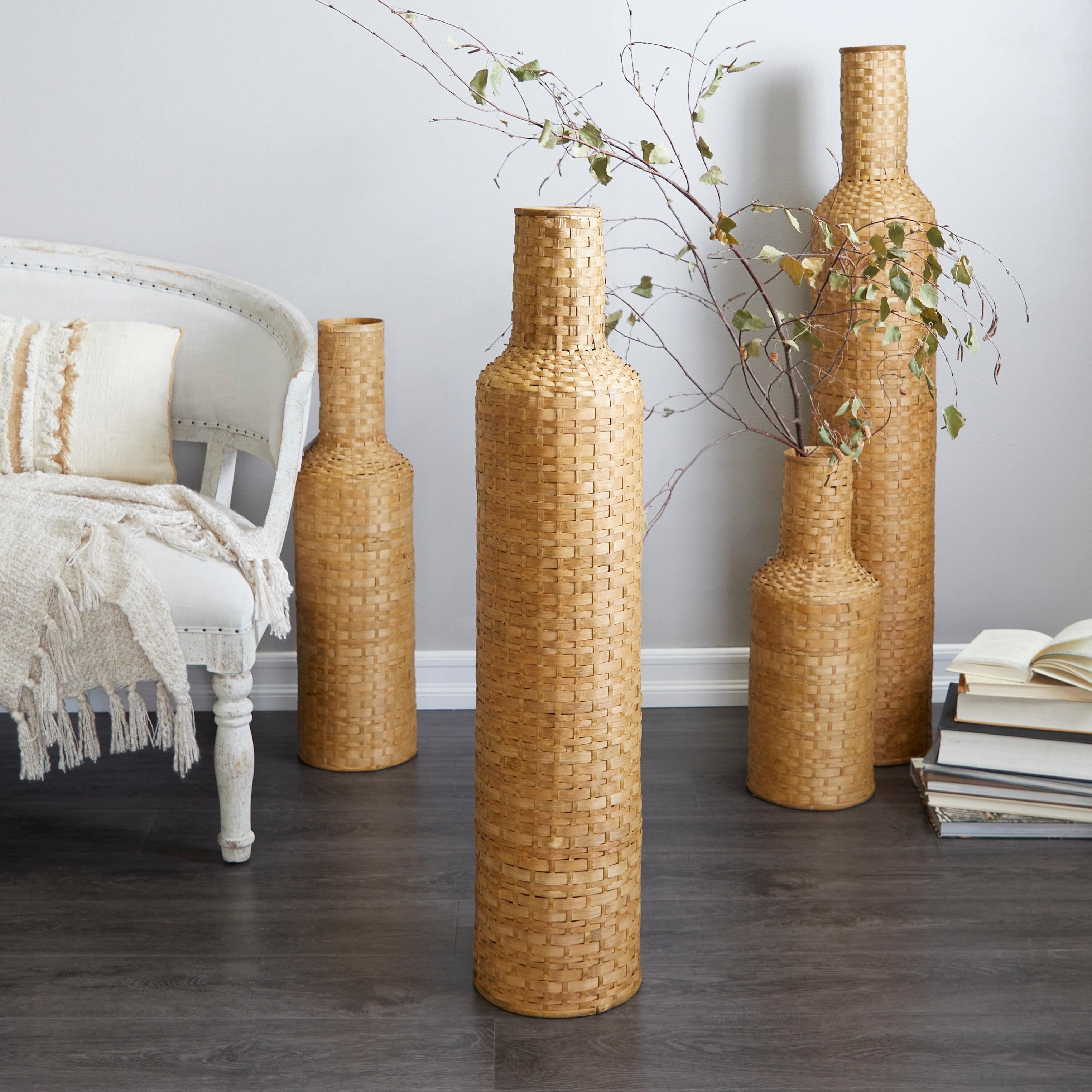 Studio 350 Intricately Woven Tall Bamboo Wood Floor Vase  - White or Brown Brown - 9"W, 39"H