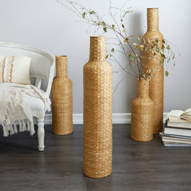 Studio 350 Intricately Woven Tall Bamboo Wood Floor Vase  - White or Brown Brown - 9"W, 39"H