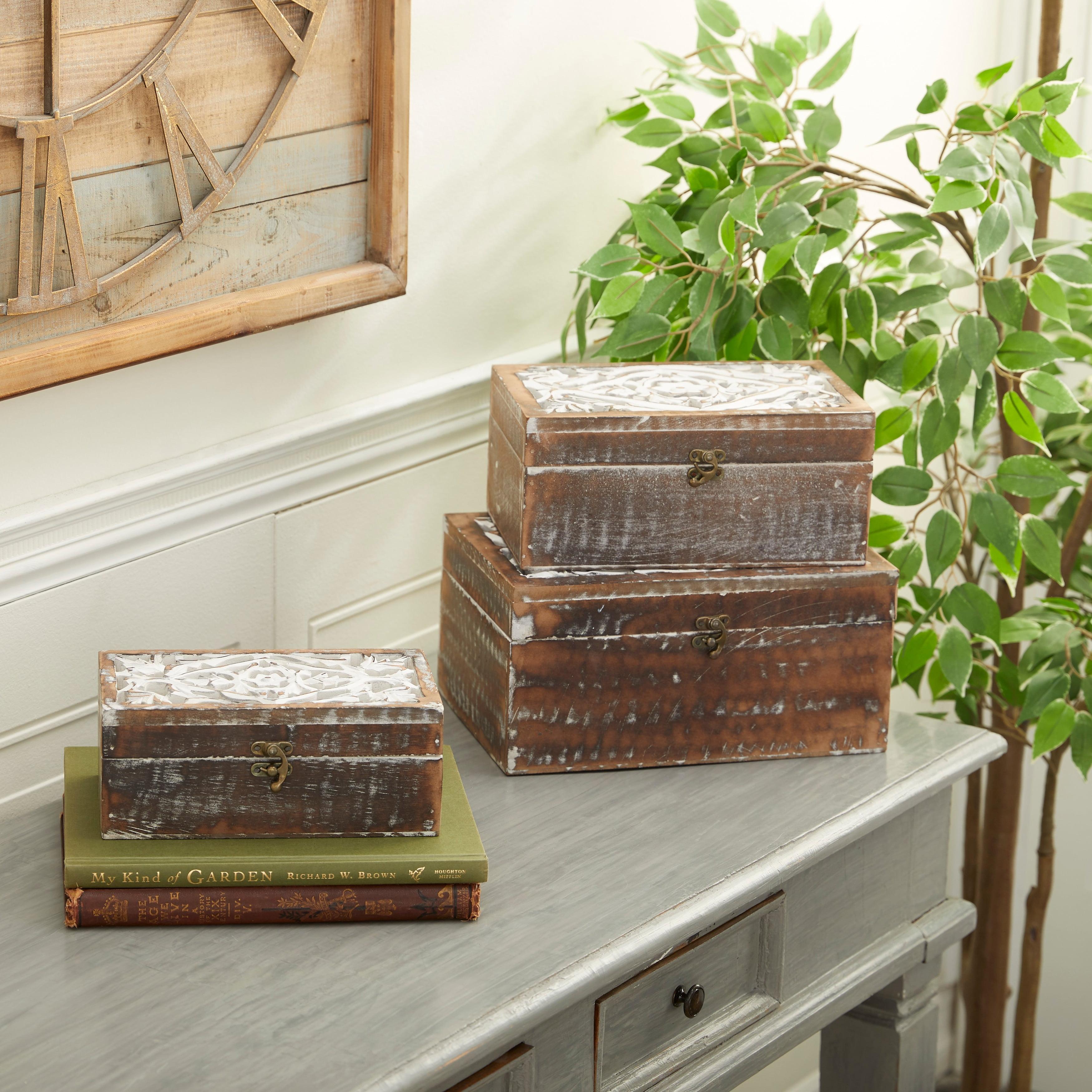 Studio 350 Wood Handmade Box with Hinged Lid (Set of 3) Brown - Ornate Pattern 8.4 x 12.0 x 5.65