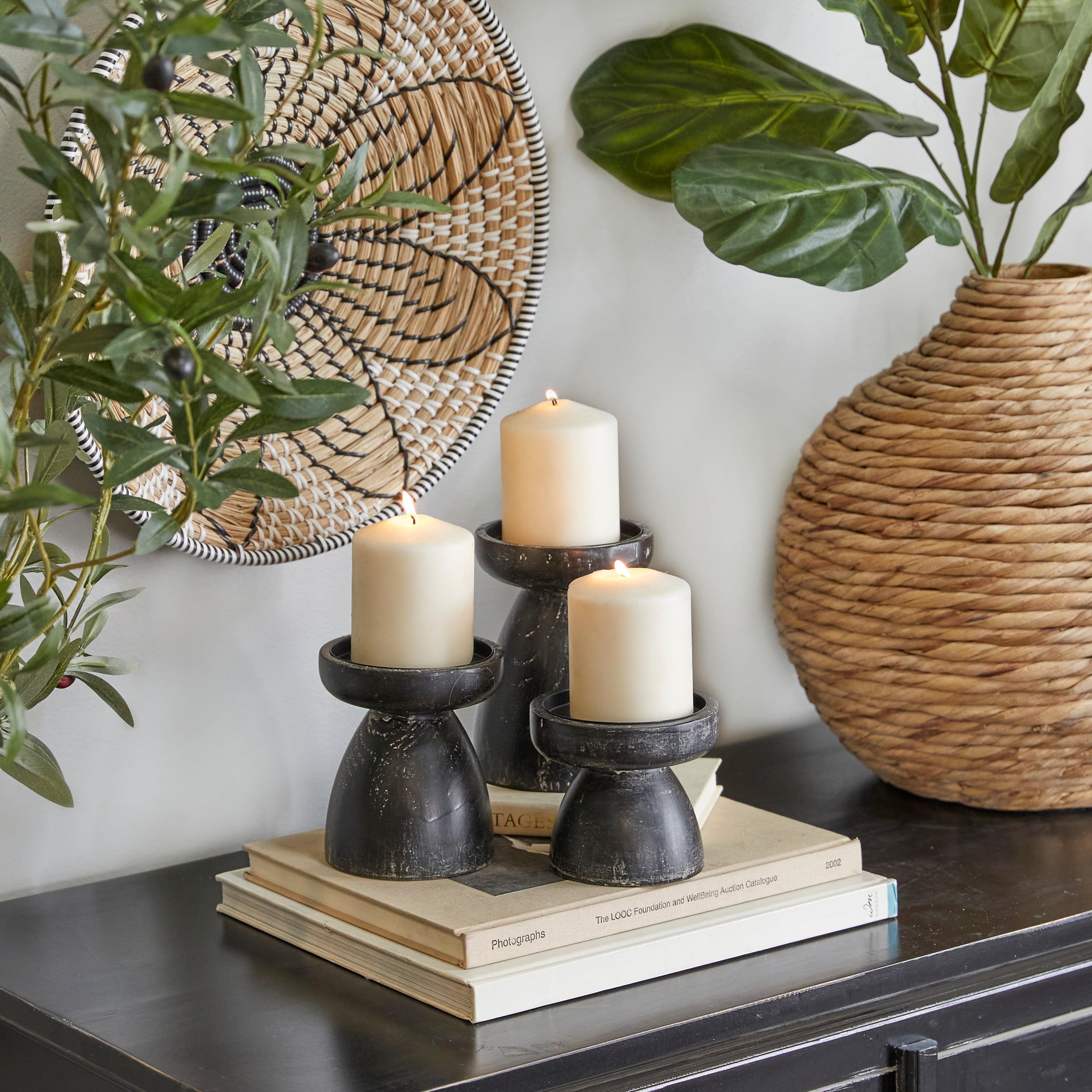 Distressed Black Wooden 3-Piece Candle Holder Set