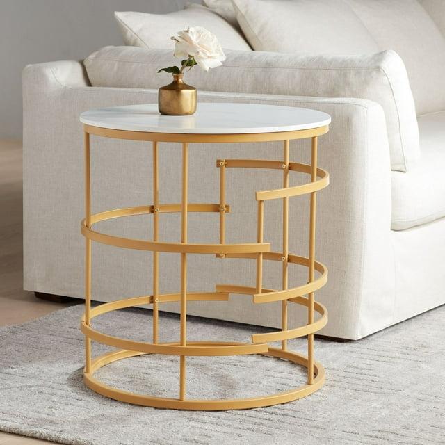 Studio 55D Brassica Modern Metal Round Geometric Tea Table 23 3/4" Wide Gold Cream Gray Faux Marble Tabletop for Living Room Bedroom House