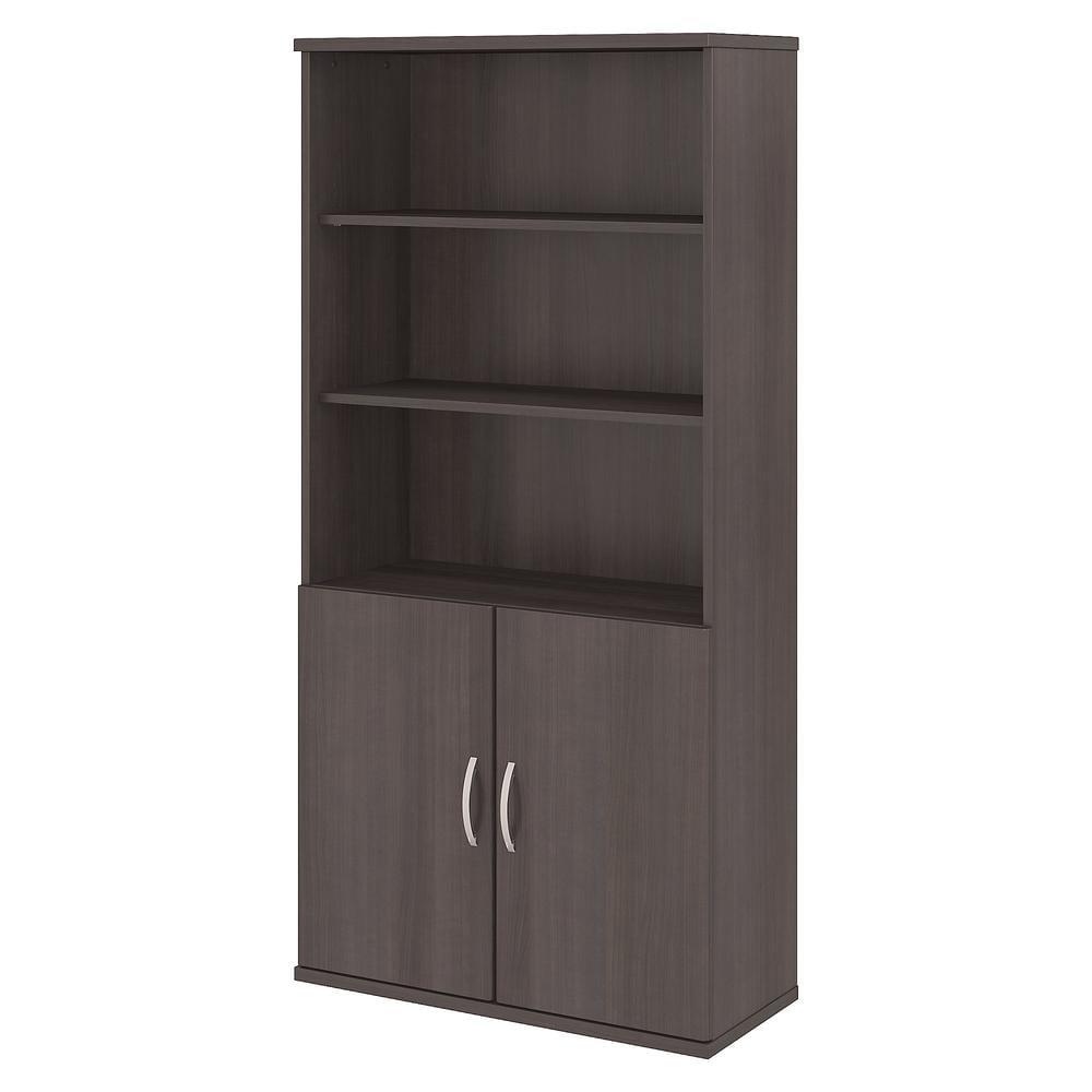 Storm Gray Contemporary 5-Shelf Bookcase with Adjustable Shelves and Doors