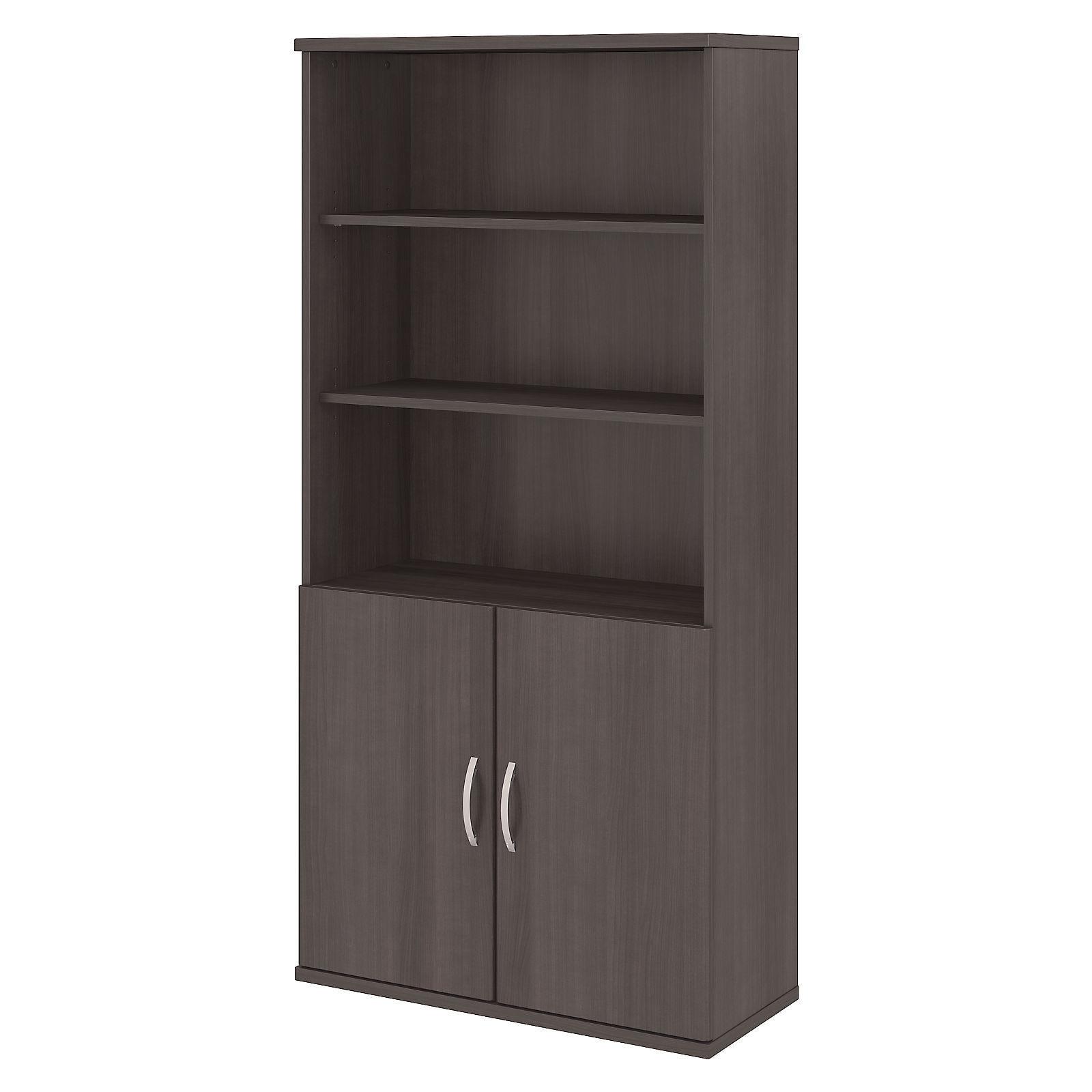 Storm Gray Contemporary 5-Shelf Bookcase with Adjustable Shelves and Doors