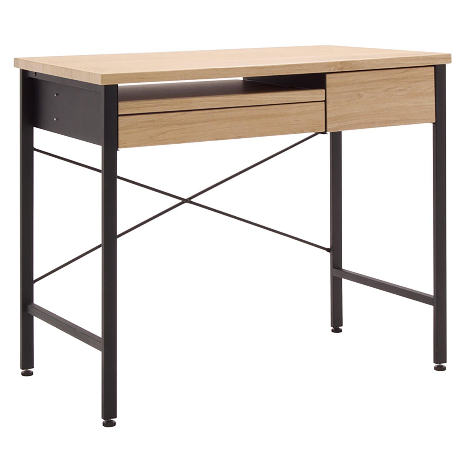 studio designs Ashwood Compact Home Office Desk with Drawers in Ashwood/Black: Laminated Writing Desk with Metal Frame, Keyboard Tray
