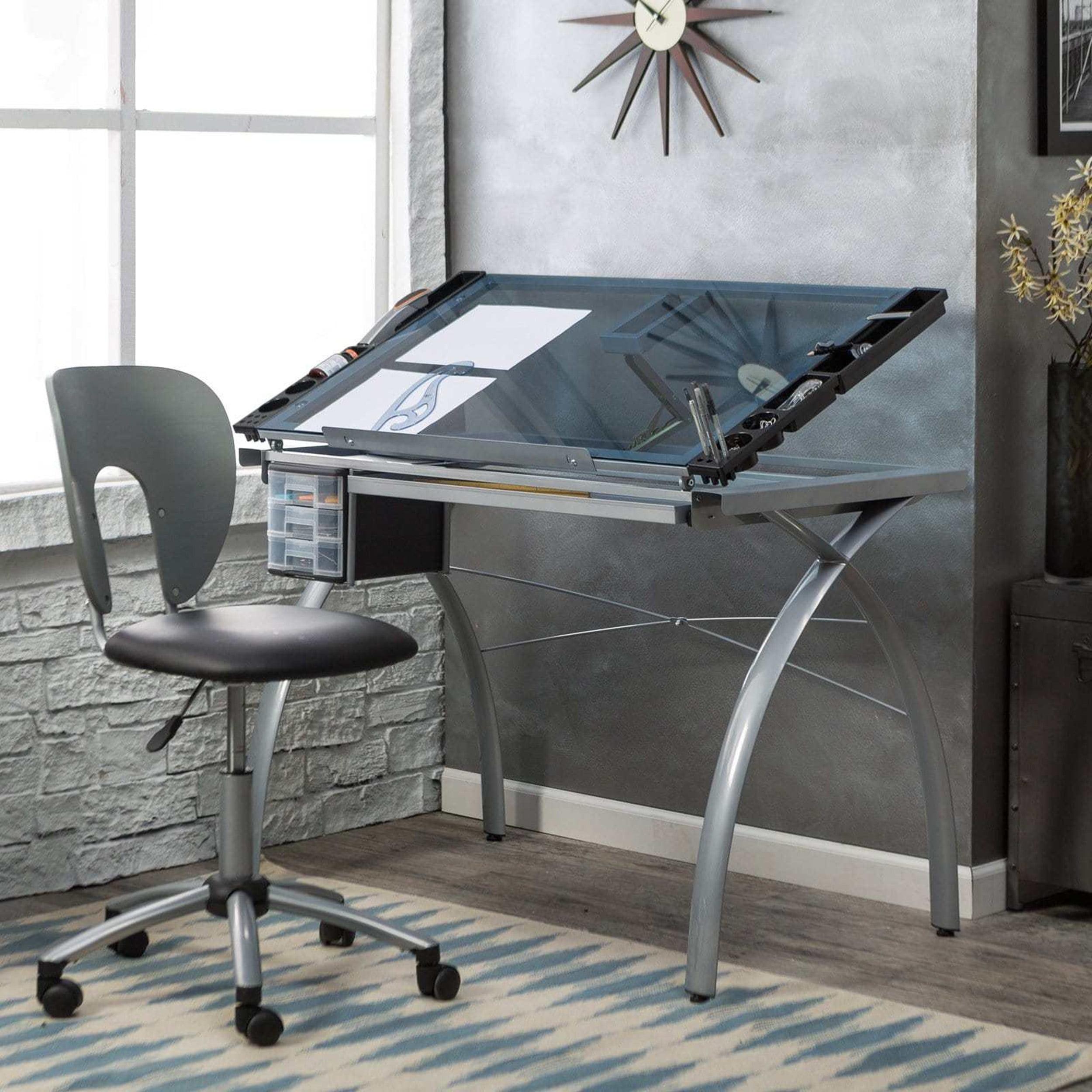 Studio Designs Futura Crafting, Drafting, Drawing Table with Adjustable Top, Silver/Blue Glass- Height 31.50 in.