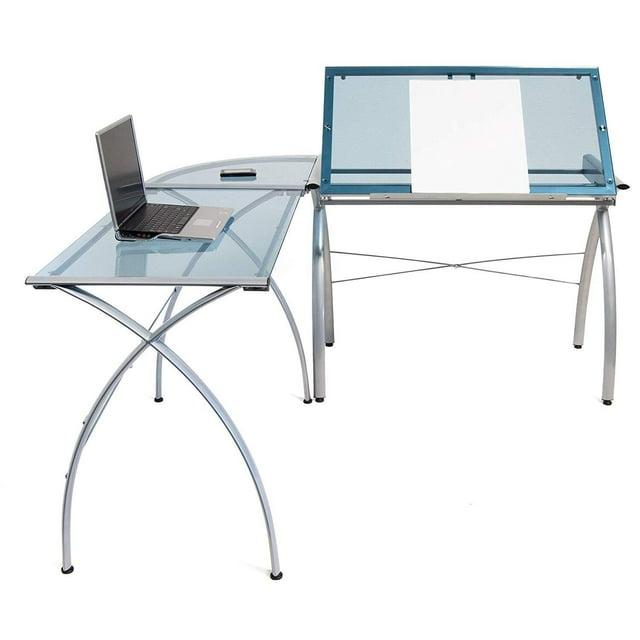 Inbox Zero Courson L-Shaped Glass Top Metal Base Drafting Table