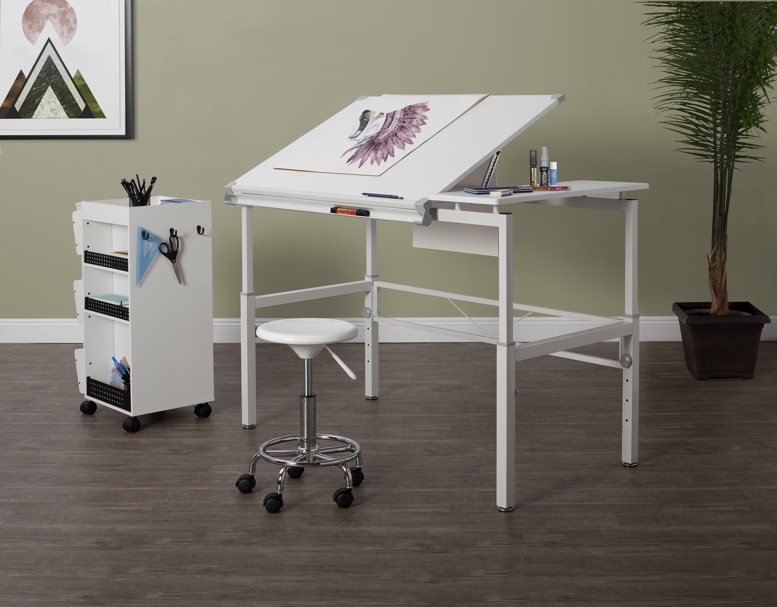 Adjustable White Wood Crafting Desk with Dual Top and Drawer