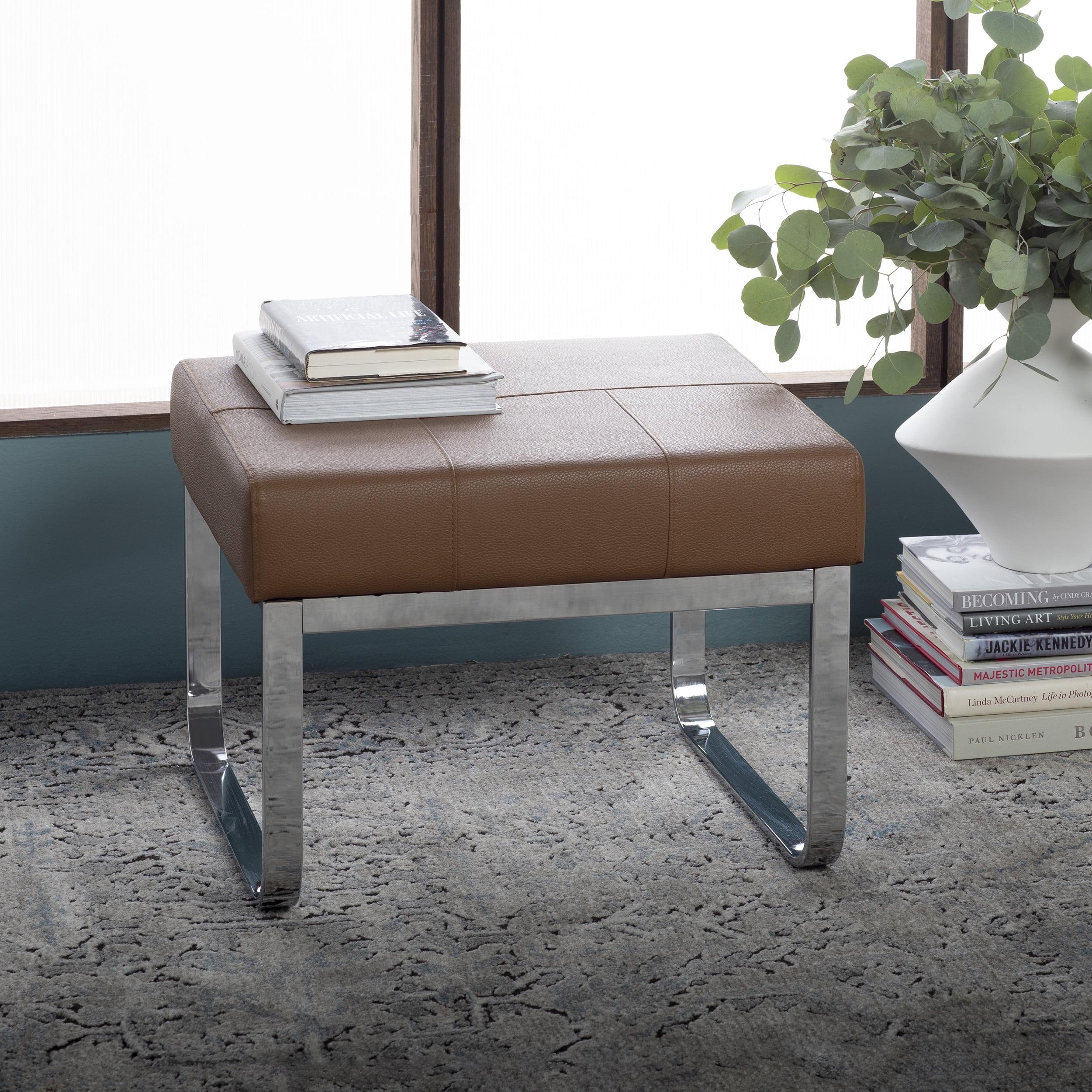 Rectangular Allure Modern Blended Leather Ottoman Caramel Brown/Chrome - Studio Designs Home