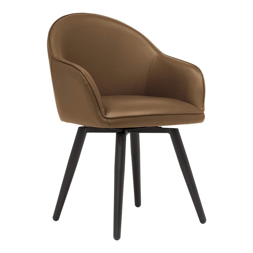 Matte Black Metal Swivel Armchair with Brown Leather Seat