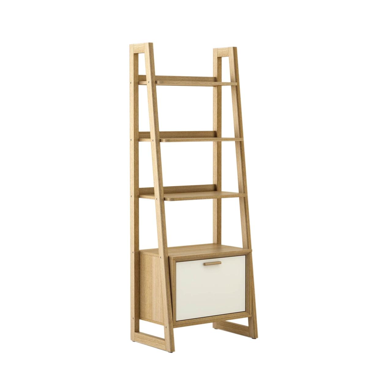 Brown Oak 5-Tier Ladder Bookcase with Storage Compartment