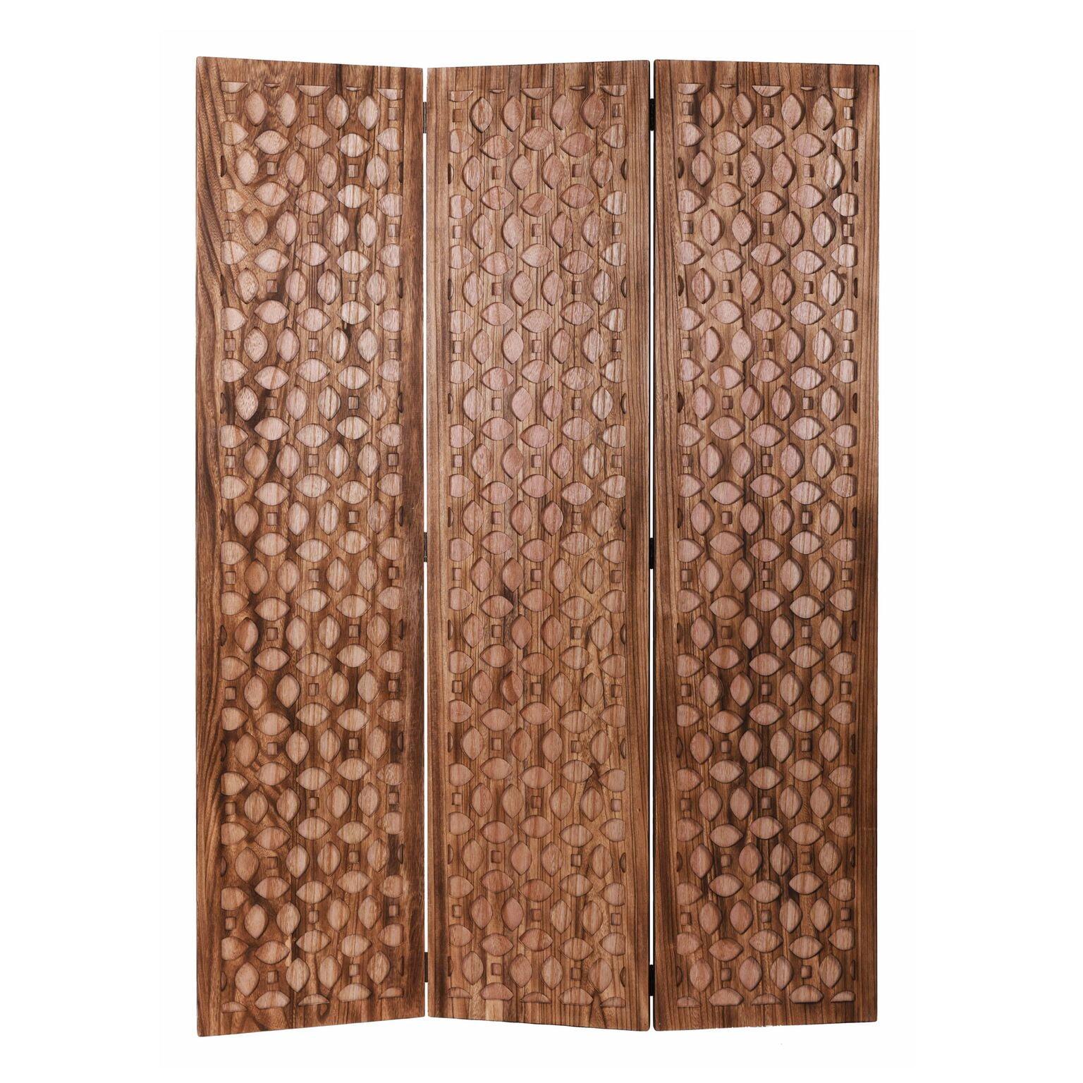 Hand-Carved Brown Wood Folding Room Divider Screen