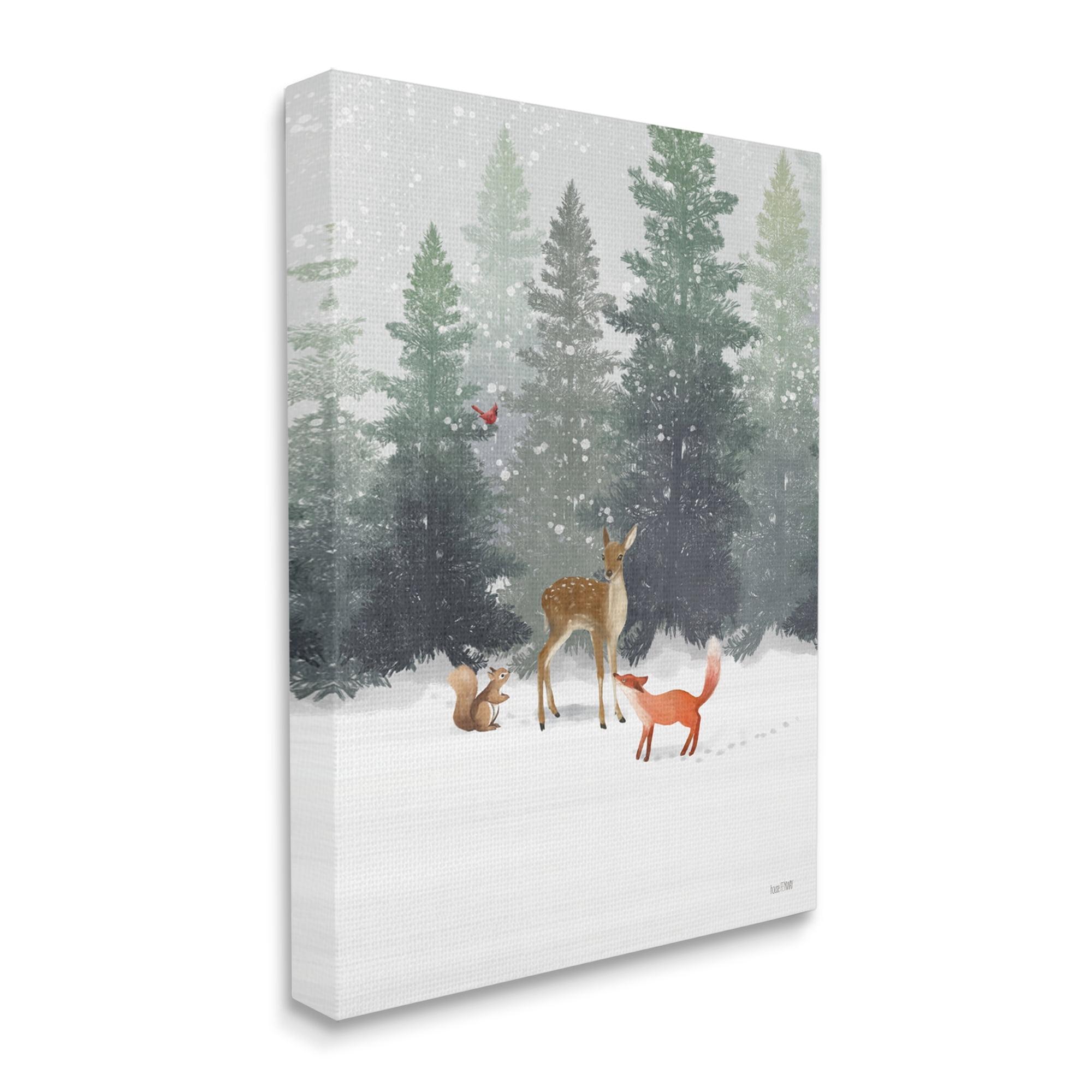 Winter Forest Animals Canvas Wall Art, 17x21 in, Off-White