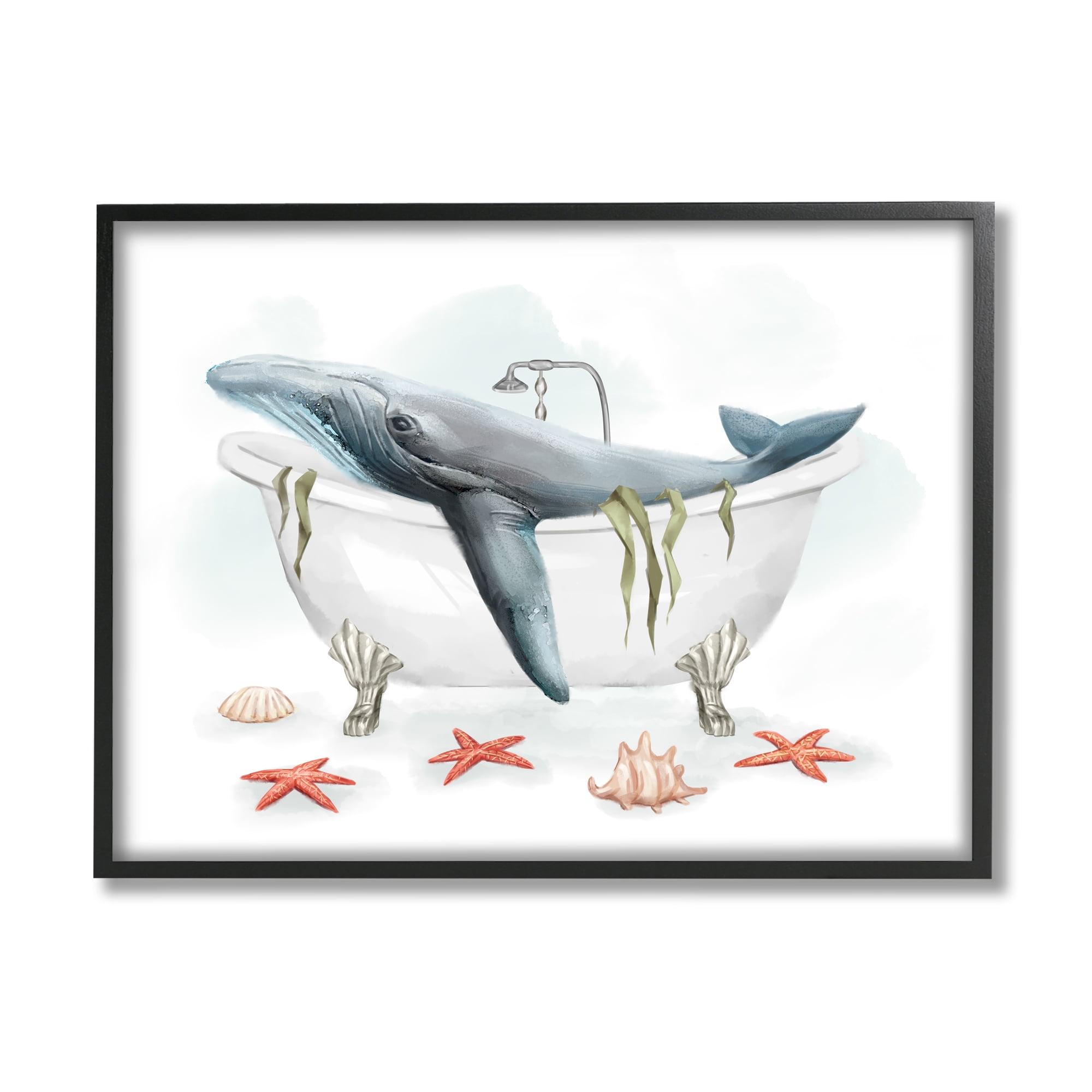 Whale in Nautical Tub Seafoam Print with Black Frame