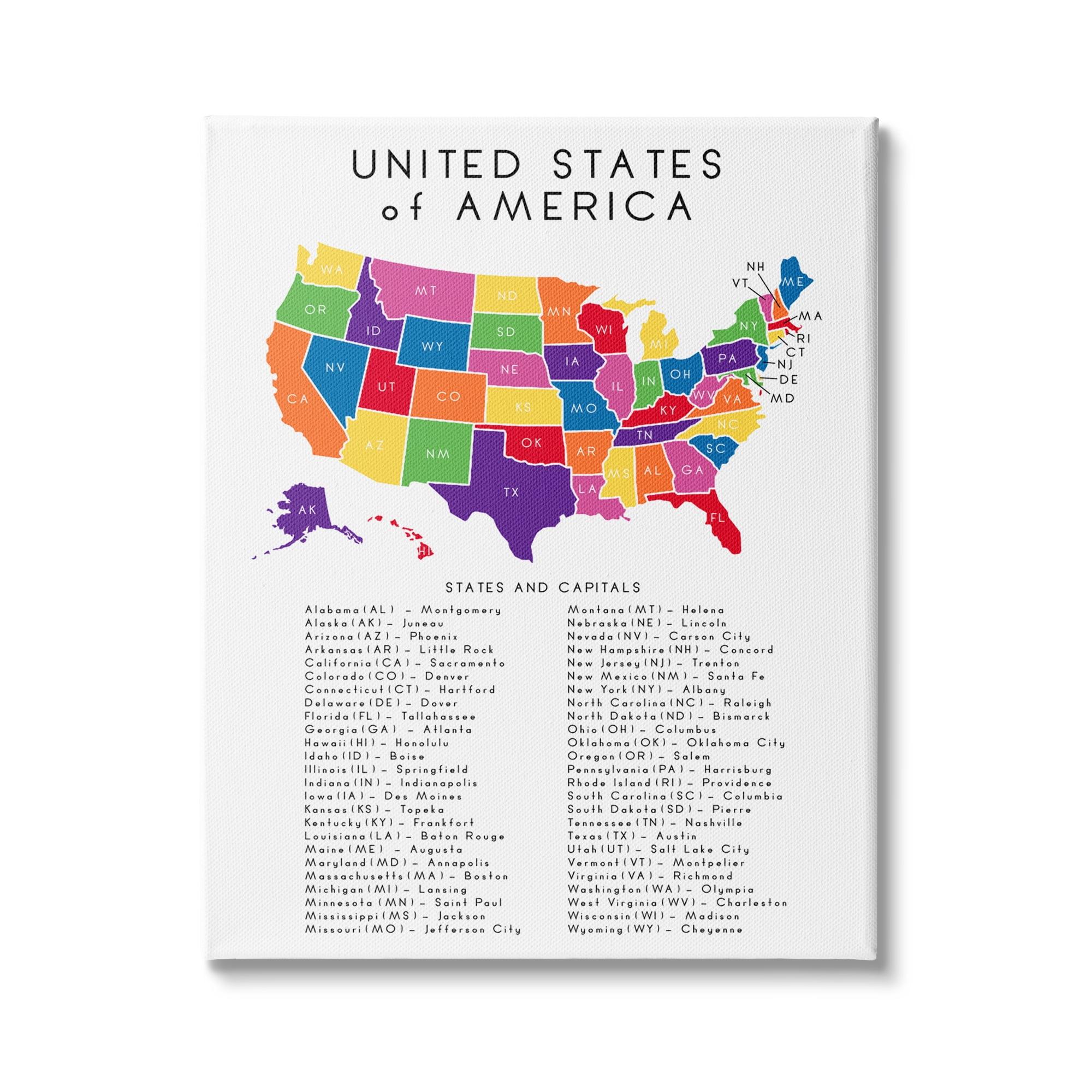 Stupell Industries " USA Map State Abbreviations And Capitals Playful Tones " by Anna Quach