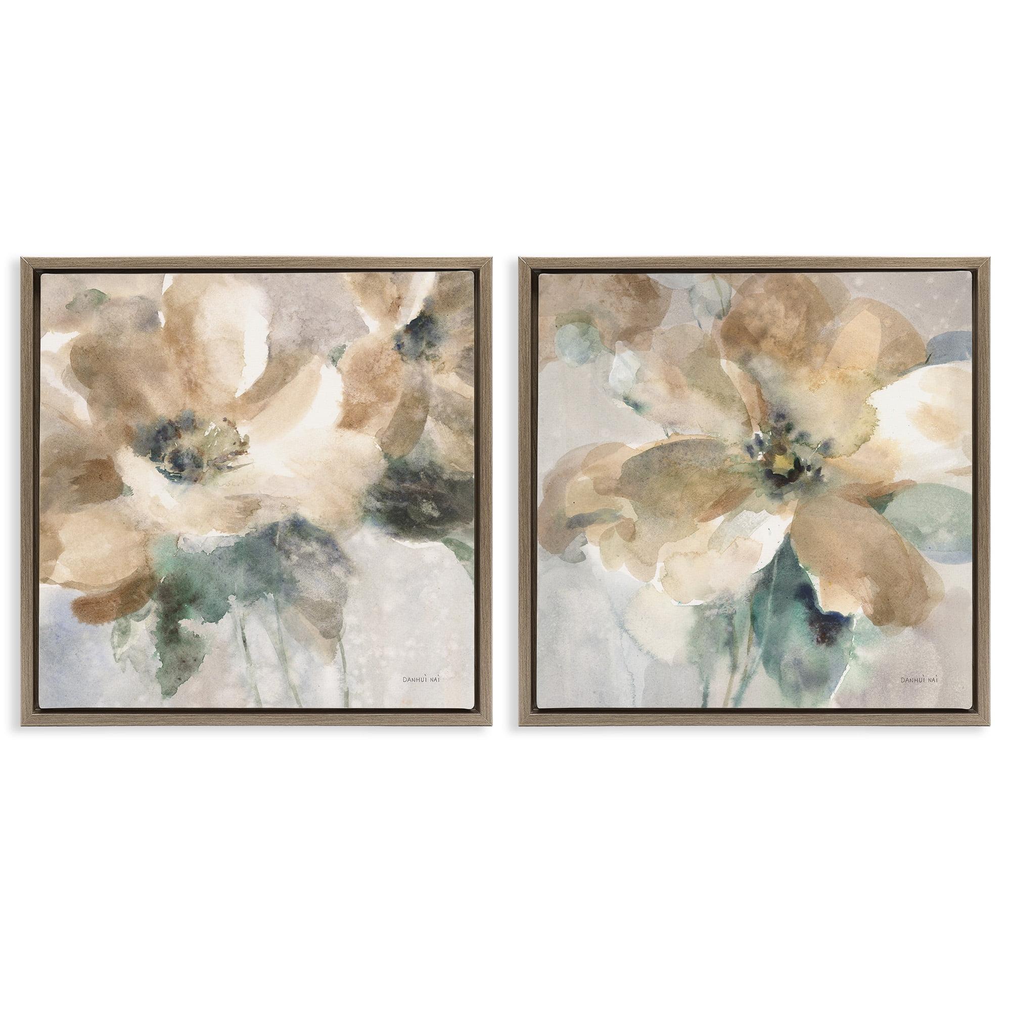 Stupell Industries Abstract Beige Flowers Botanical & Floral Painting Brown Floater Framed Canvas Art Print Wall Art, 18 x 18, Set of 2