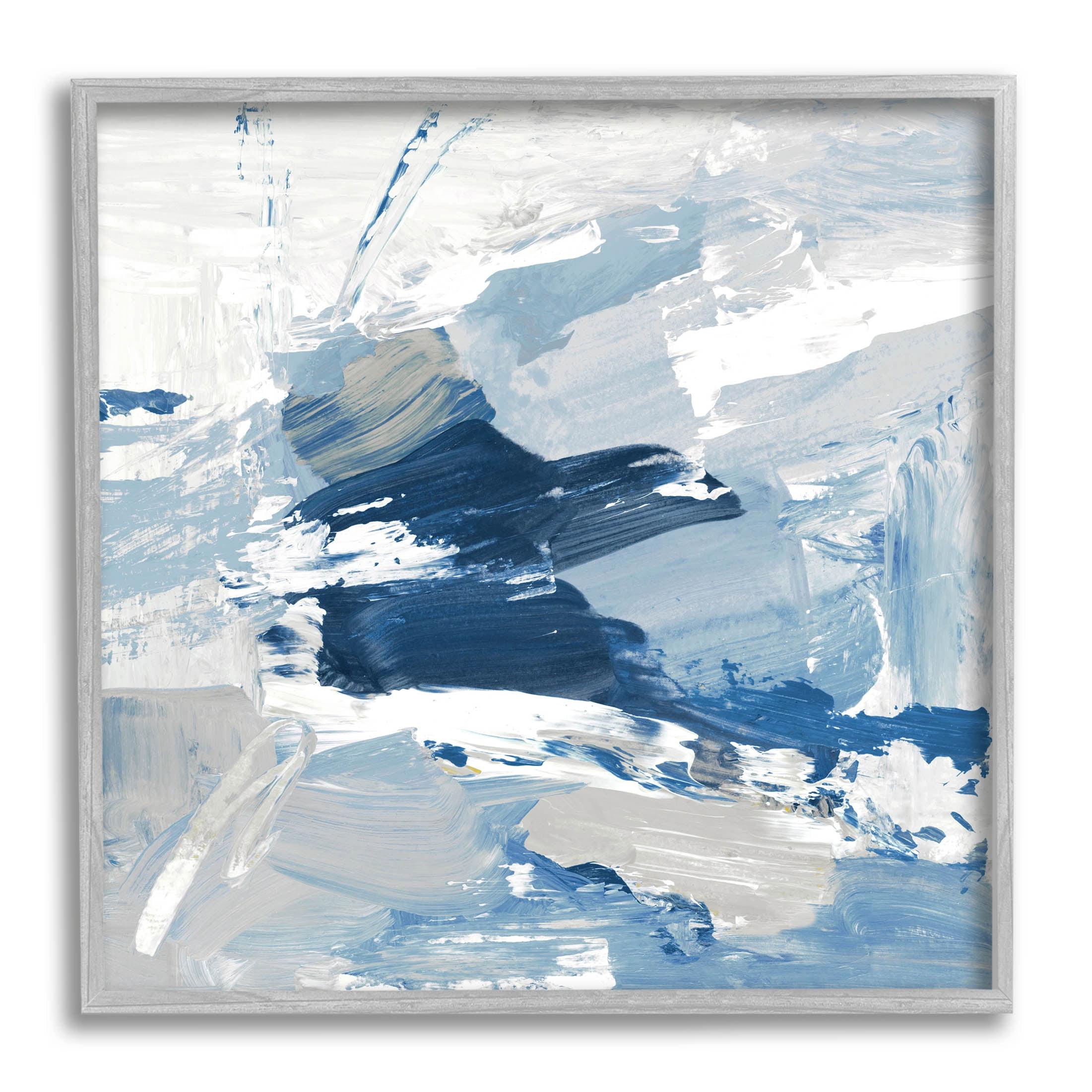 Abstract Blue and White Canvas Art with Gray Frame, 17 x 17