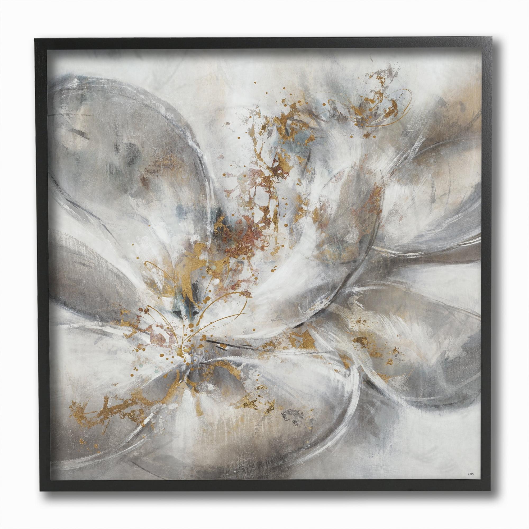 Abstract Flower Bloom Gray and Gold Framed Painting, 12" x 12"