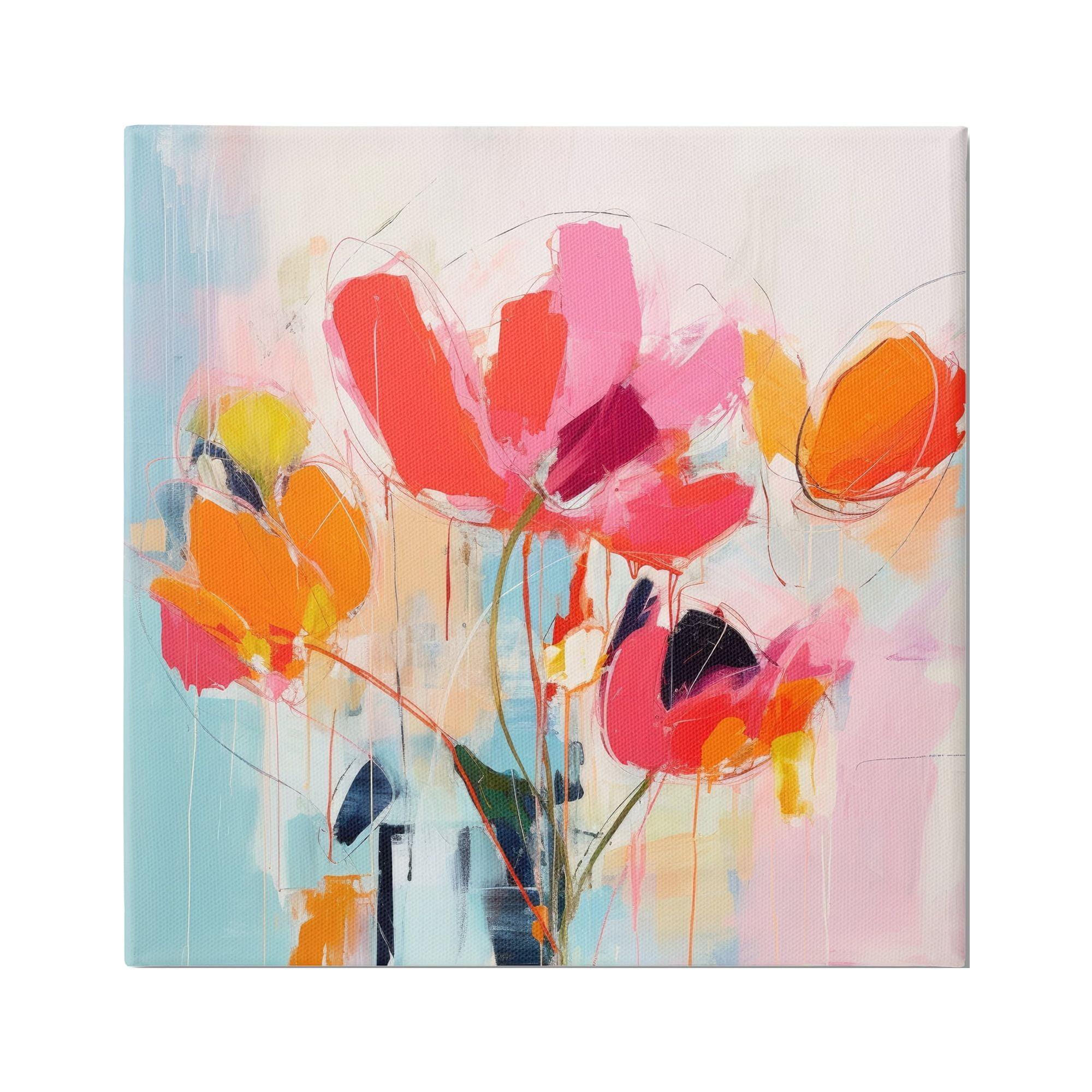 Abstract Pink and Orange Floral Canvas Wall Art, 17 x 17