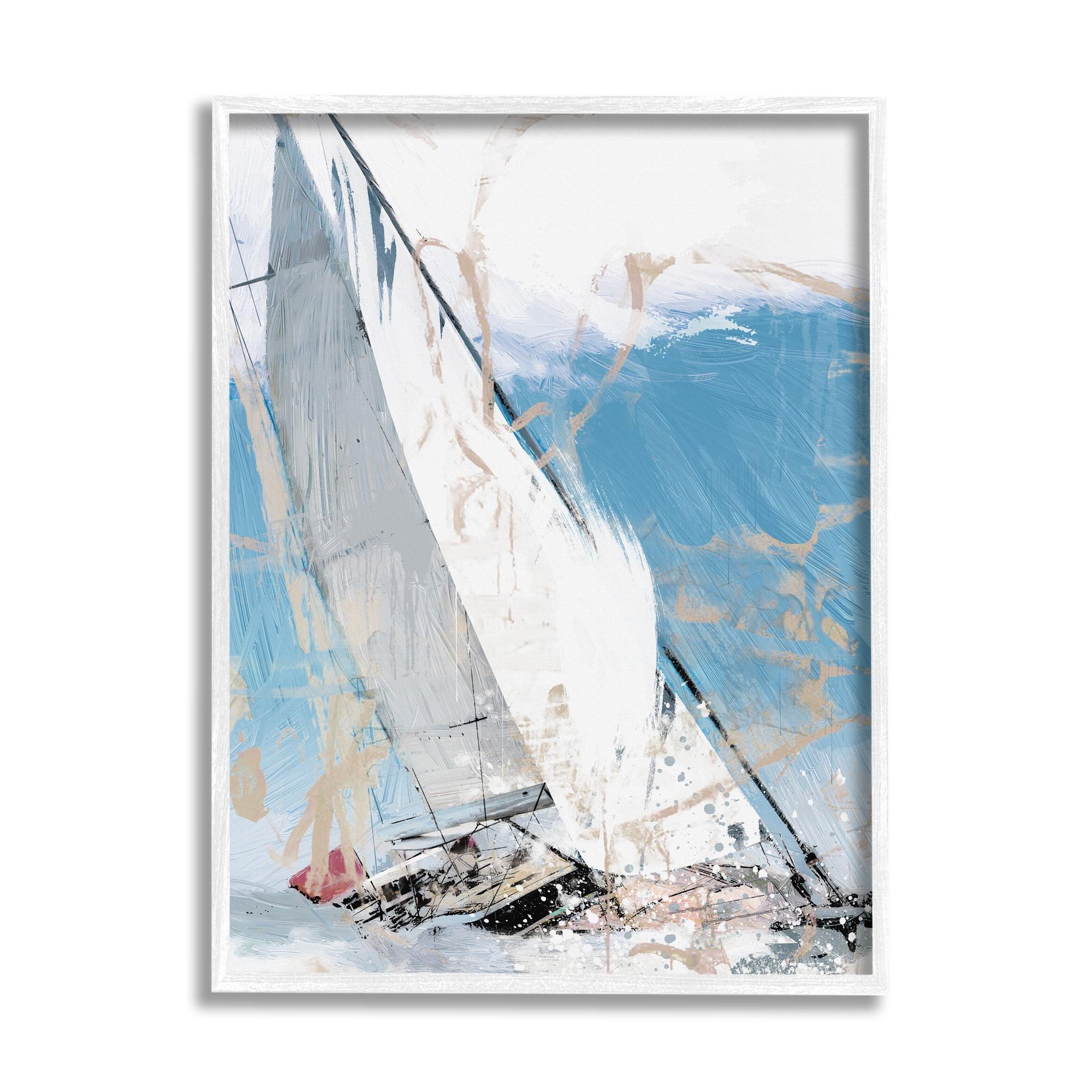 Abstract Sailboat Waves Blue and White Canvas Print