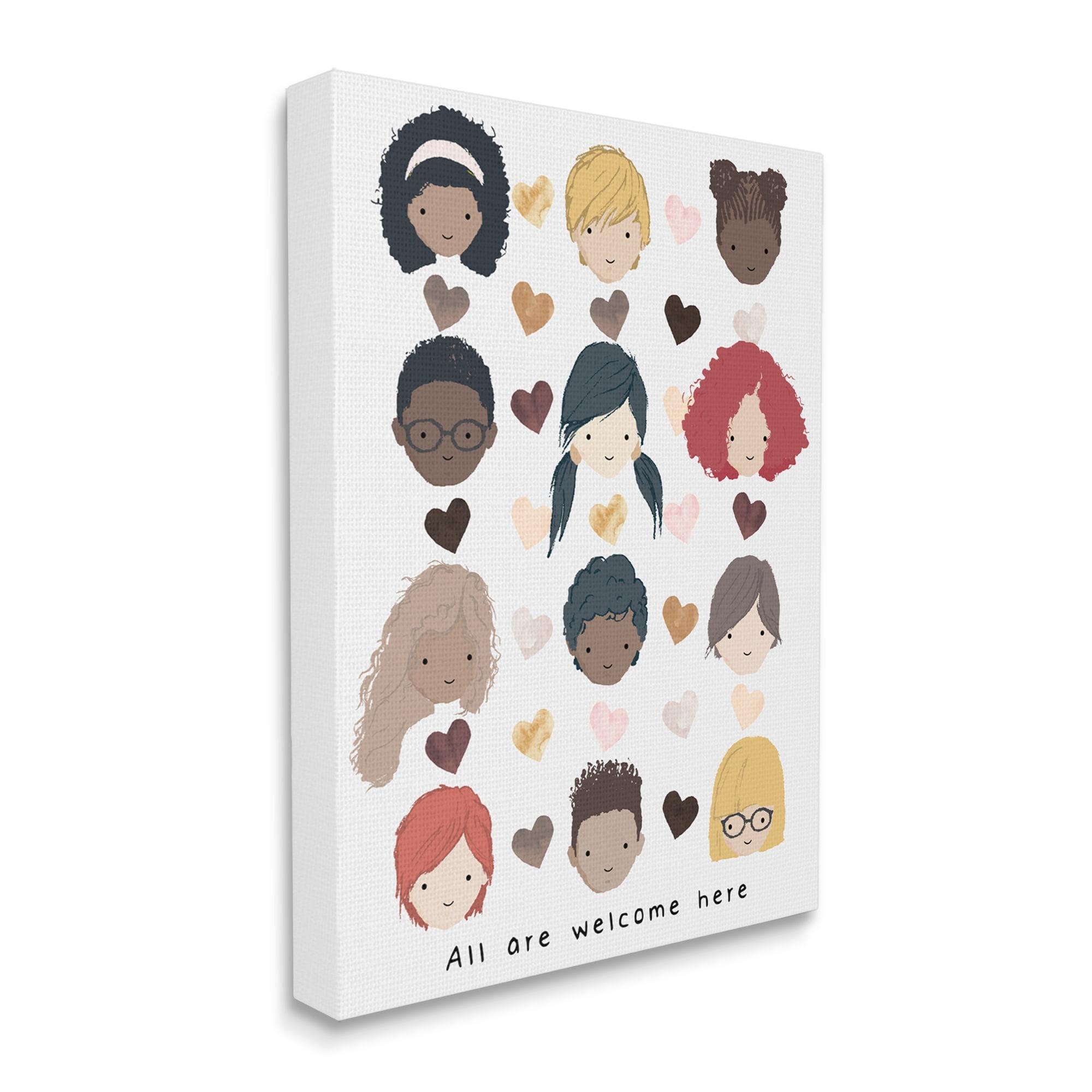 Stupell Industries All Welcome Here Phrase Child Portraits Hearts Typography Painting Gallery Wrapped Canvas Art Print Wall Art, 16 x 20