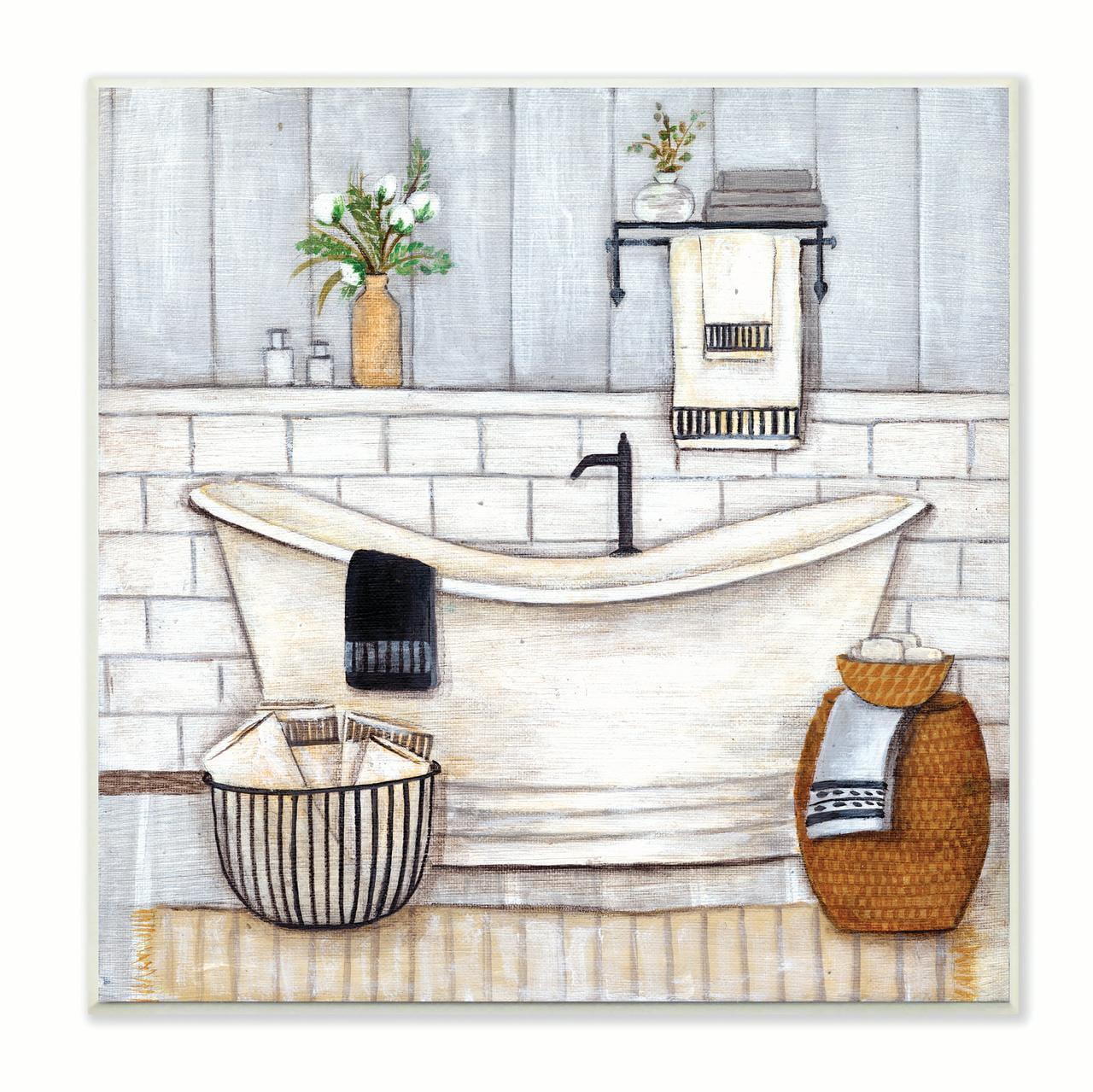 Neutral Grey Farmhouse Bathroom Tub Wall Plaque, 12x12