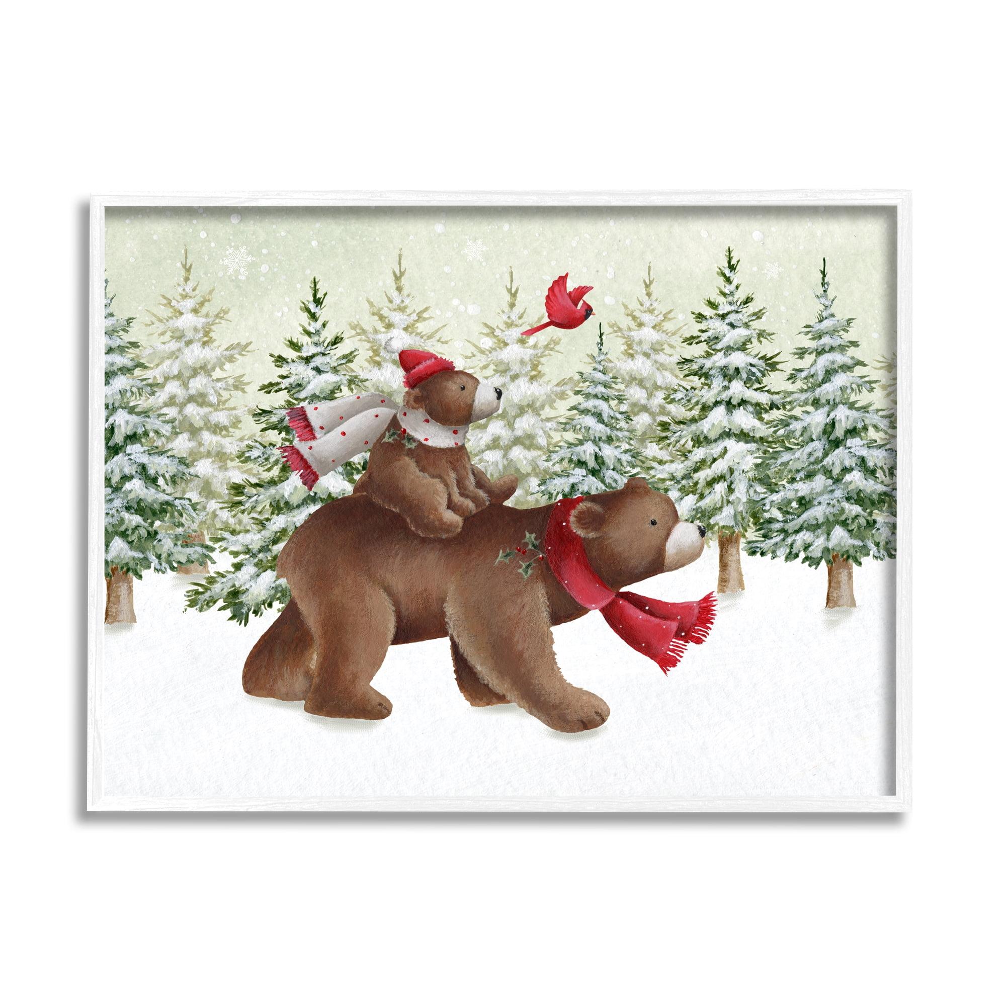 Bears in Snowy Forest Scene White Framed Canvas Art