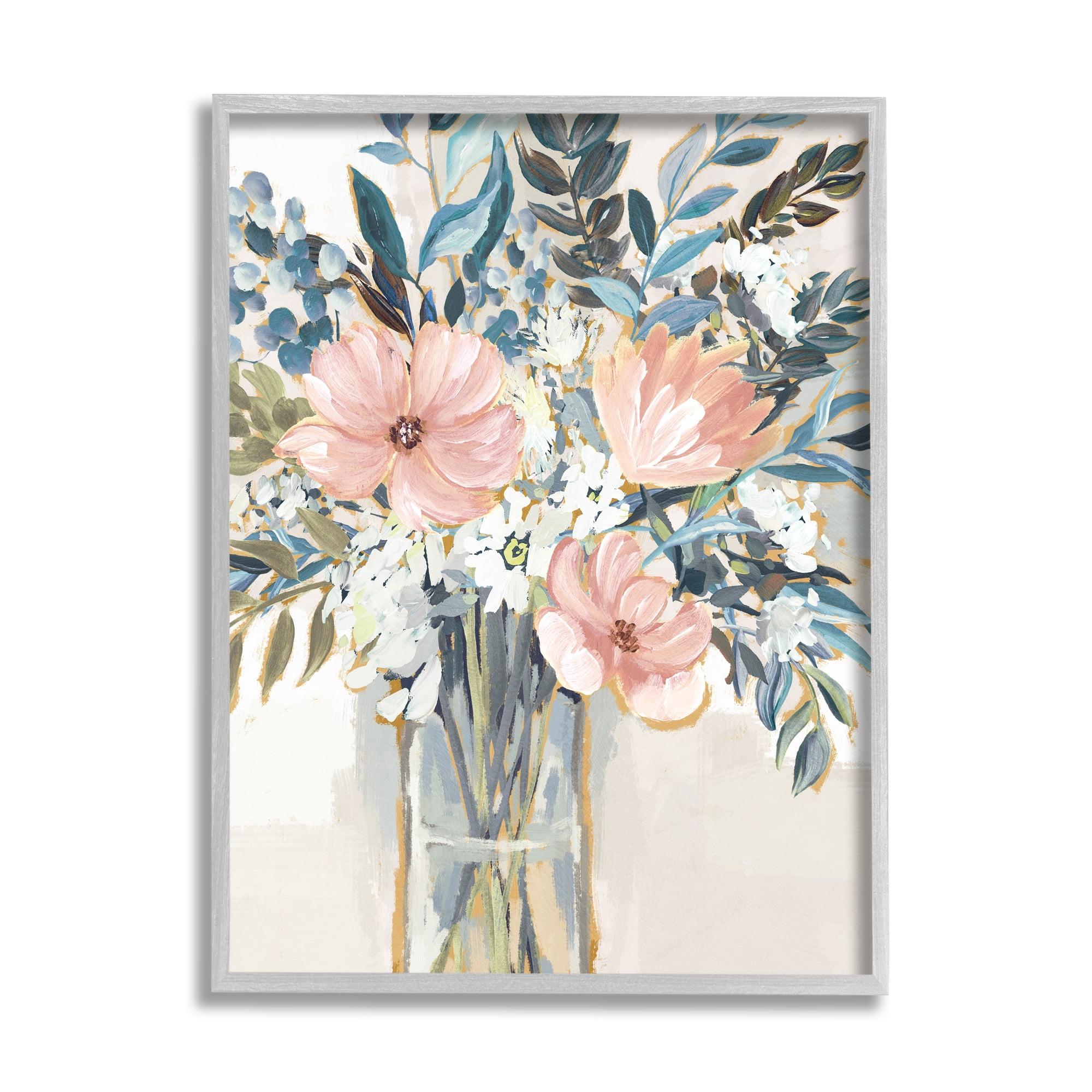 Gray Framed Blue and Pink Flower Bouquet Art Print