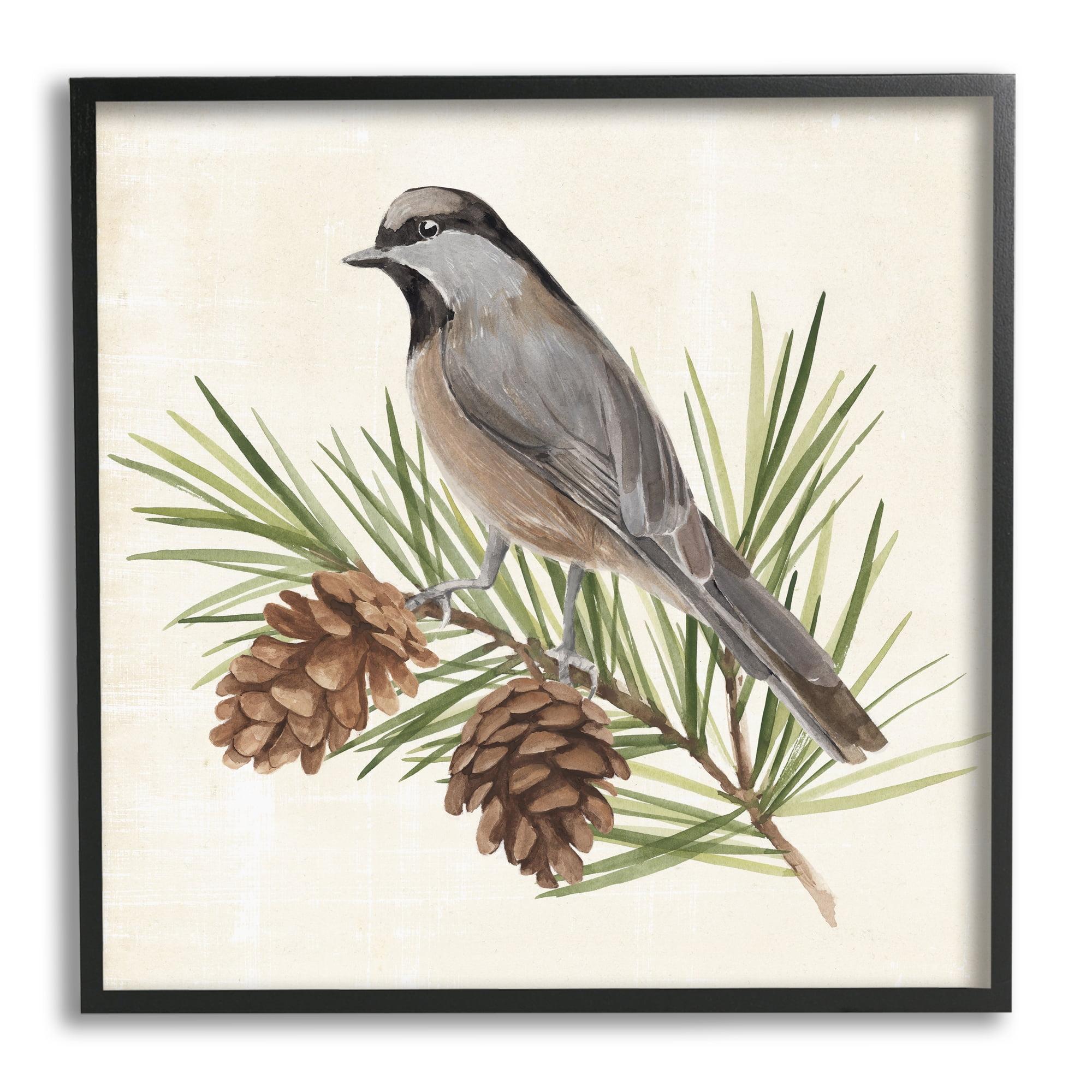 Bird on Pine Tree Canvas Print with Black Frame, 17" x 17"