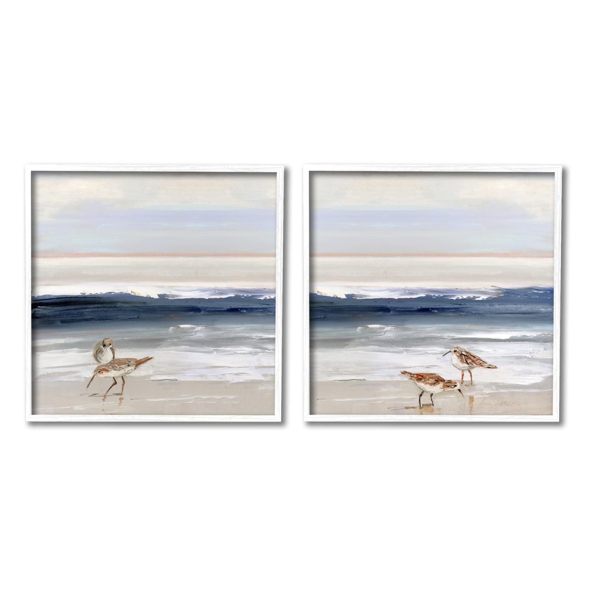Stupell Industries Birds On Beach Shore Ocean Waves Blue Sky Landscape Paintings White Framed Art Print Wall Art Set of 2, 12x12, by Sally Swatland