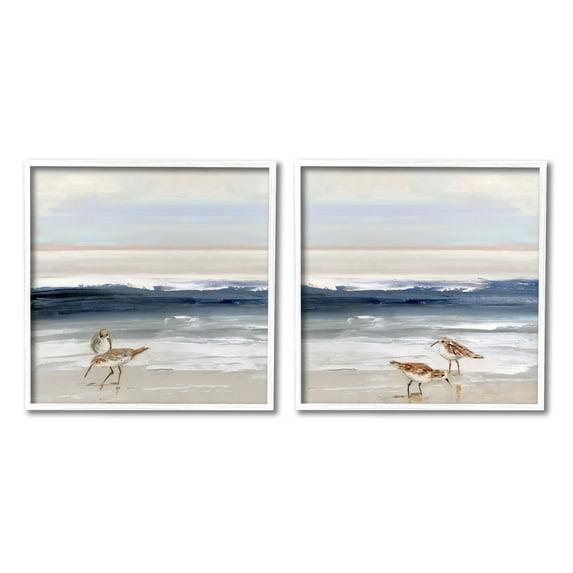 Stupell Industries Birds On Beach Shore Ocean Waves Blue Sky Landscape Paintings White Framed Art Print Wall Art Set of 2, 12x12, by Sally Swatland