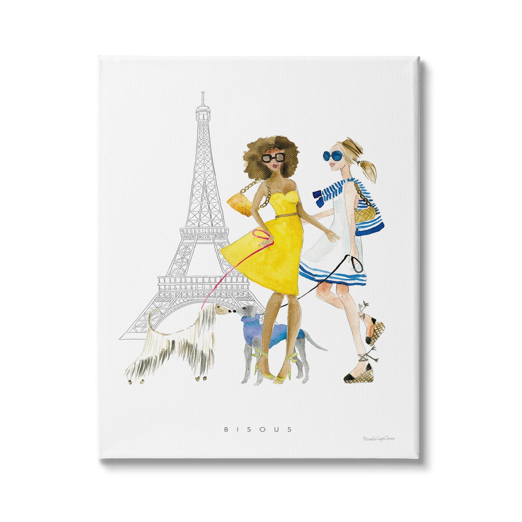 Stupell Industries " Bisous Kisses Phrase Parisian Fashion Females And Dogs " by Mercedes Lopez Charro