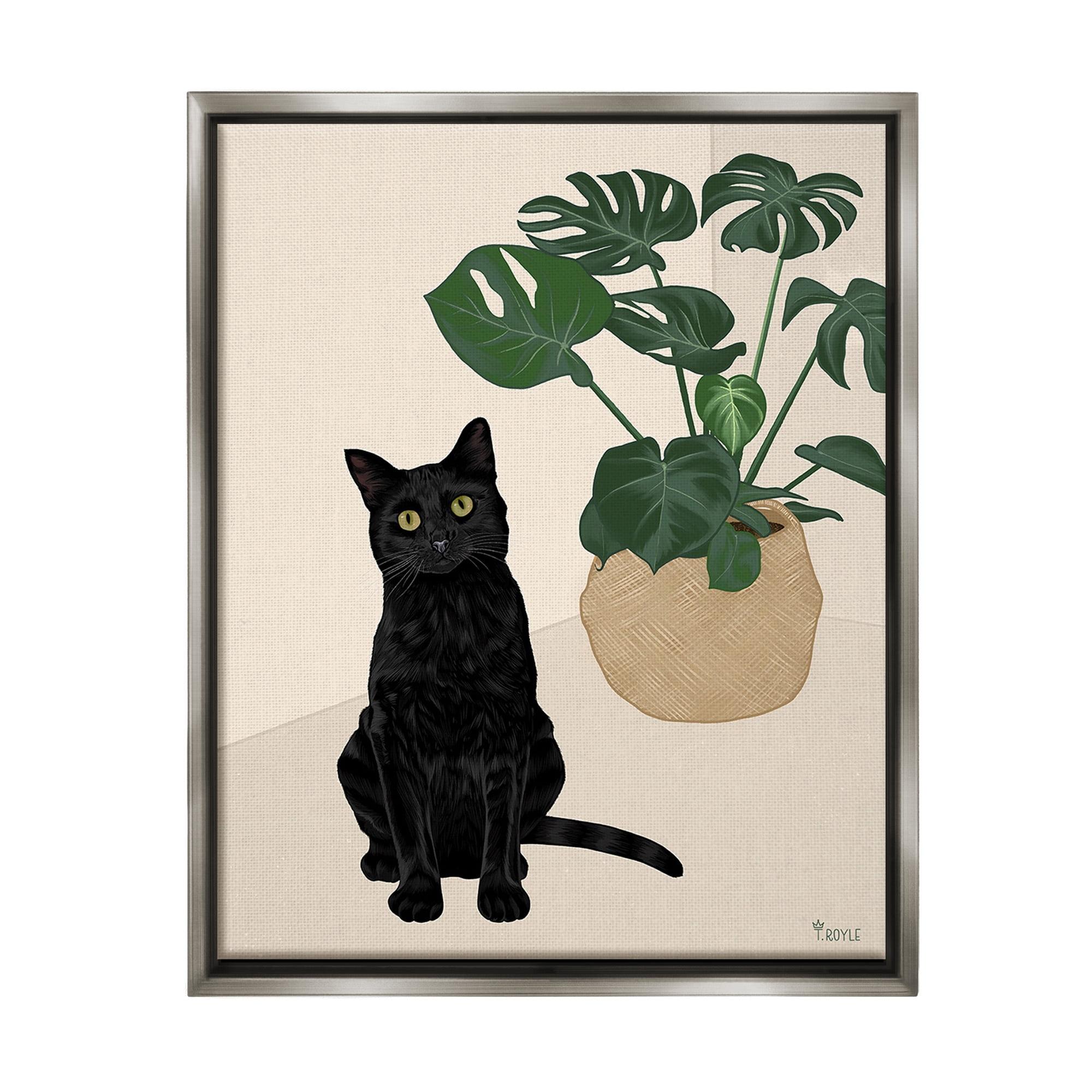 Stupell Industries Black Cat & Monstera Plant Animals & Insects Painting Gray Floater Framed Canvas Art Print Wall Art, 17 x 21