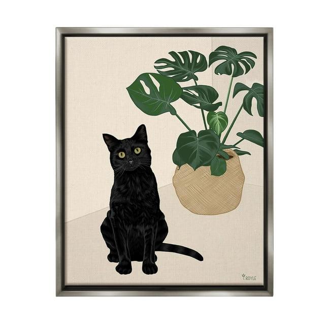 Stupell Industries Black Cat & Monstera Plant Animals & Insects Painting Gray Floater Framed Canvas Art Print Wall Art, 17 x 21