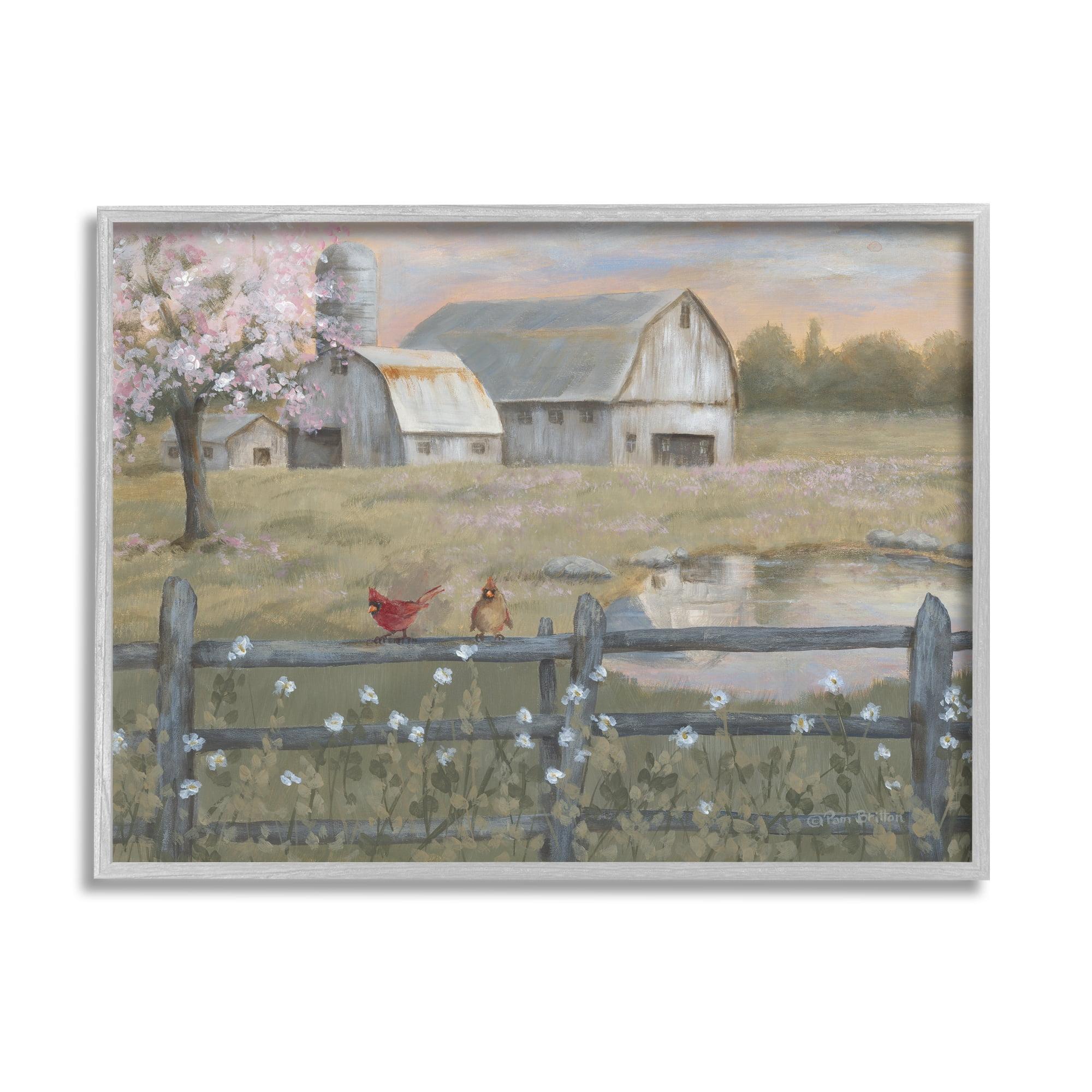 Blossoming Trees Birds Perched Farm Fence Canvas Print