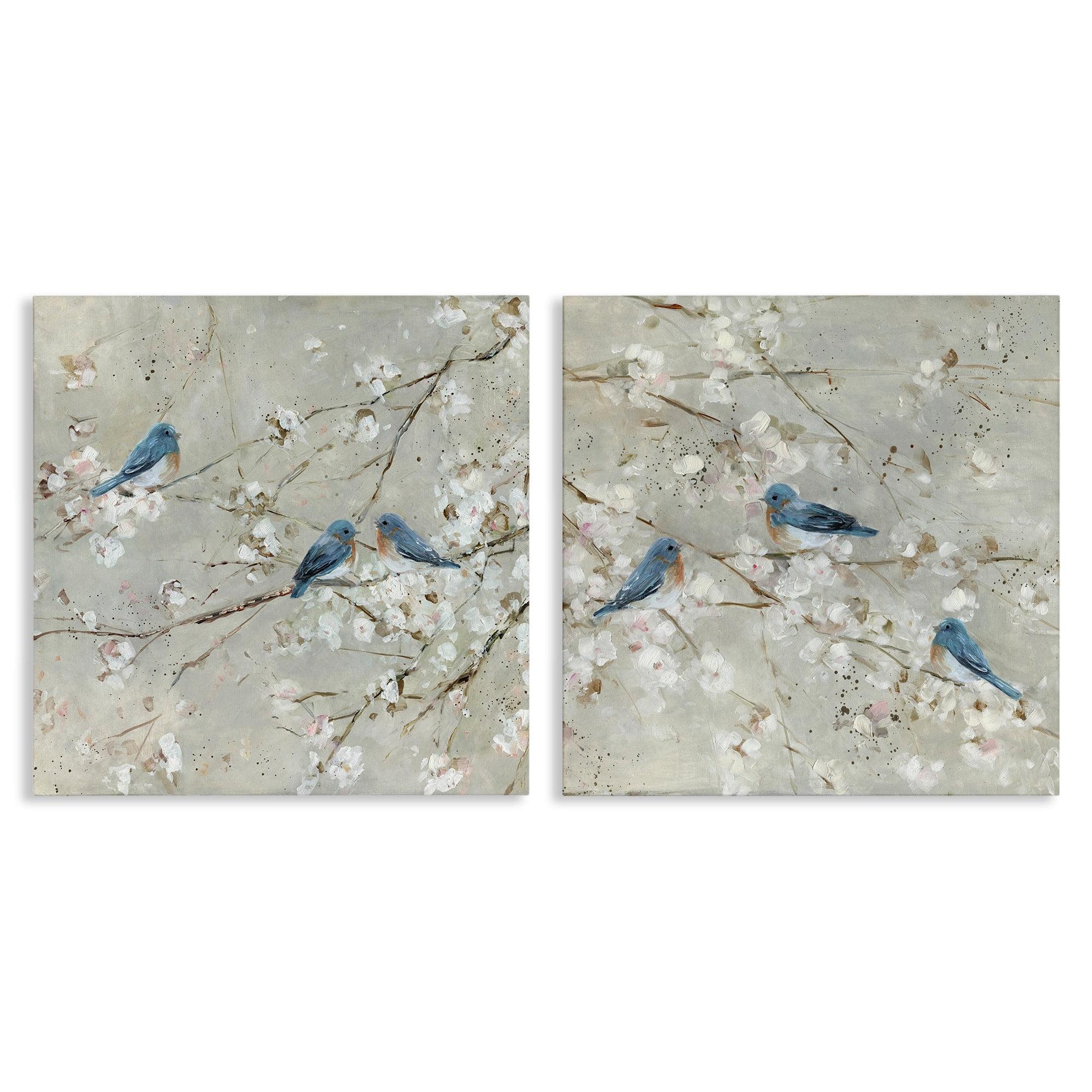 " Blue Birds Perched Tree Blossoms Spring Scene " by Sally Swatland 2 - Pieces Painting Print