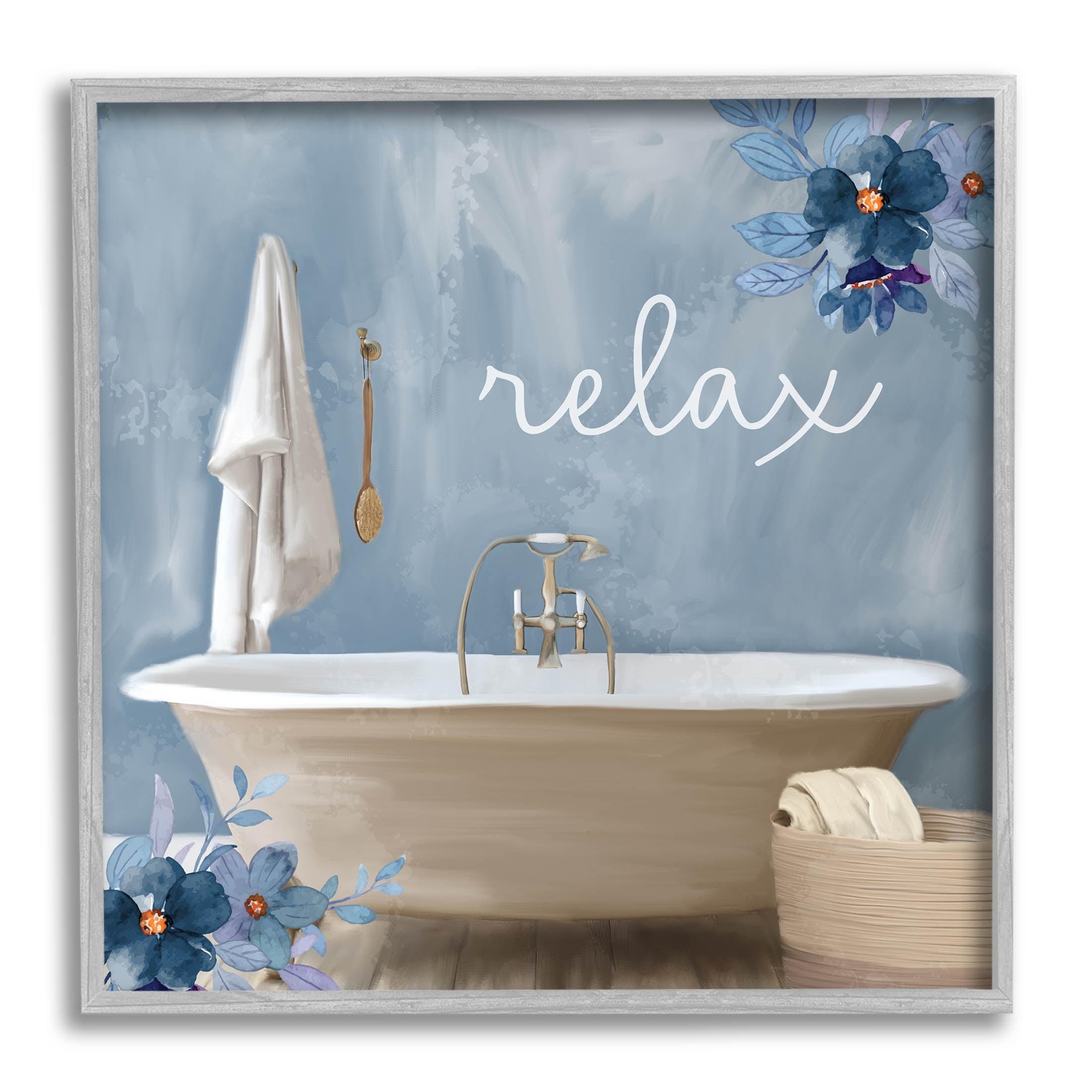 Blue Floral Relax Bathroom Scene 17'' x 17'' Canvas Print with Gray Frame